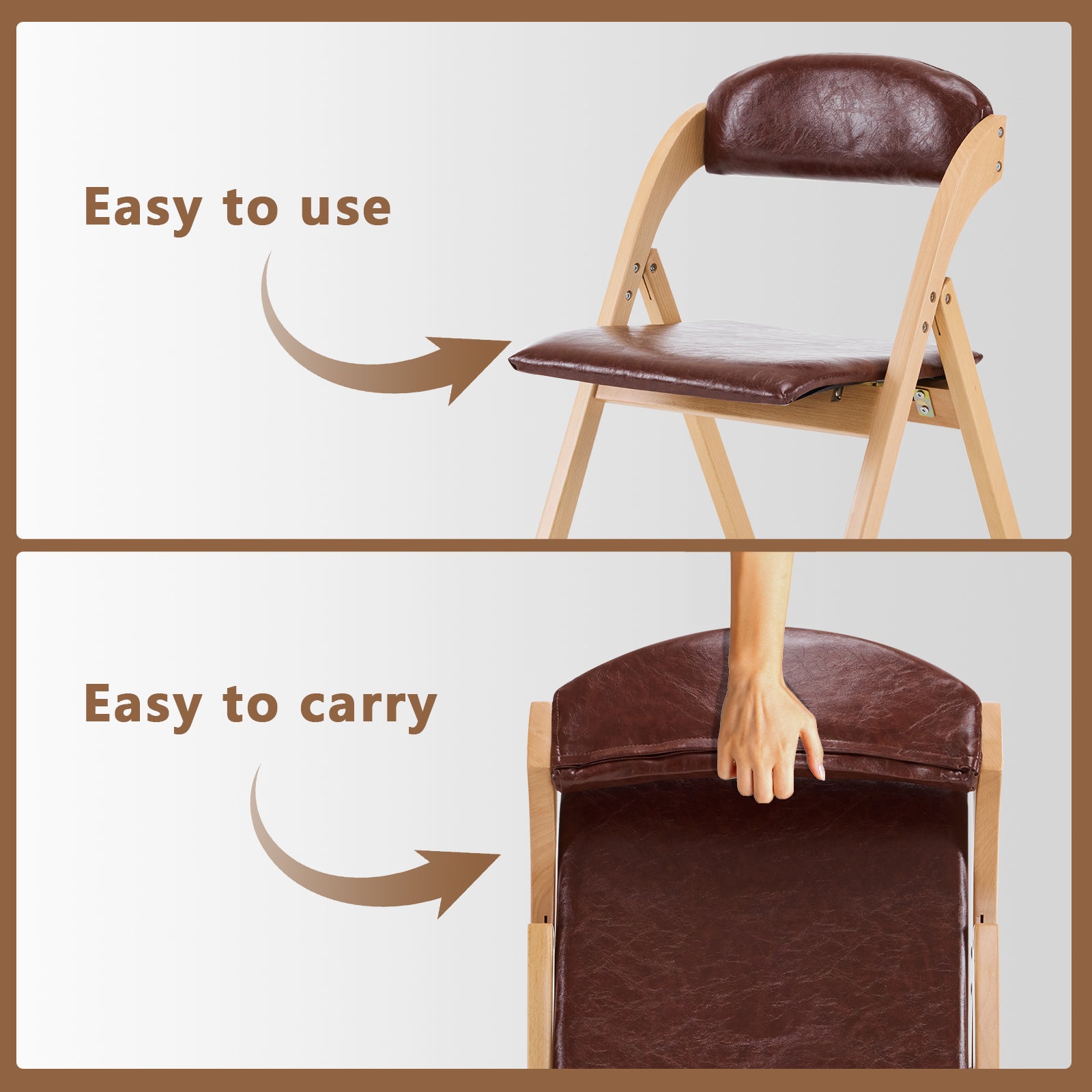 HAOYYE 2PCS Wooden Folding Chairs with Padded PU Leather Seats, Portable Beechwood Frame Foldable Chairs for Kitchen Dining Office Wedding Party Picnic, Natural Frame with Brown Cushion