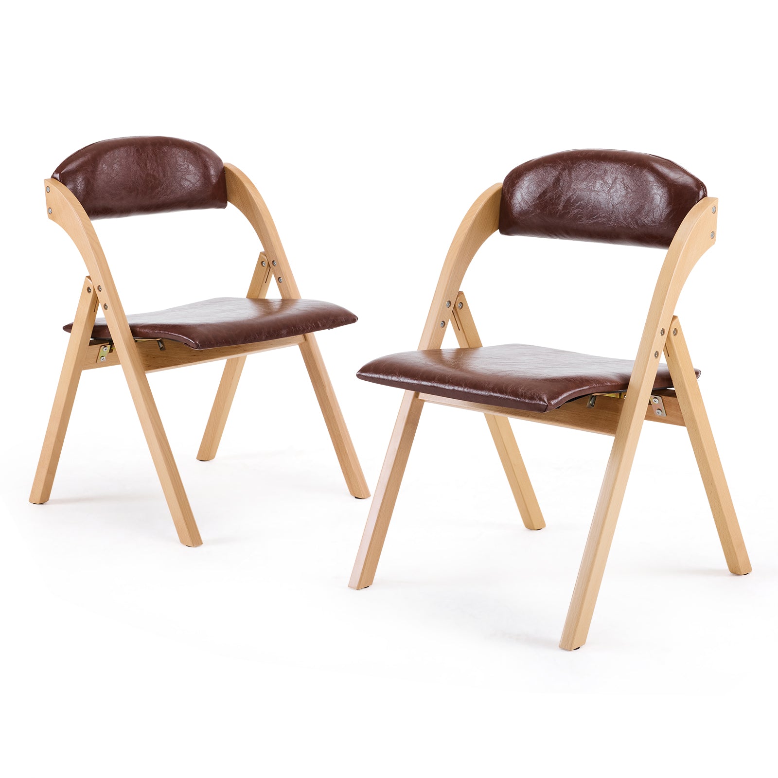 HAOYYE 2PCS Wooden Folding Chairs with Padded PU Leather Seats, Portable Beechwood Frame Foldable Chairs for Kitchen Dining Office Wedding Party Picnic, Natural Frame with Brown Cushion