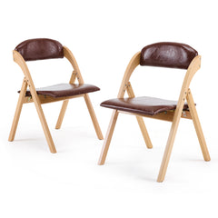 HAOYYE 2PCS Wooden Folding Chairs with Padded PU Leather Seats, Portable Beechwood Frame Foldable Chairs for Kitchen Dining Office Wedding Party Picnic, Natural Frame with Brown Cushion