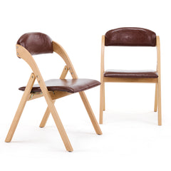 HAOYYE 2PCS Wooden Folding Chairs with Padded PU Leather Seats, Portable Beechwood Frame Foldable Chairs for Kitchen Dining Office Wedding Party Picnic, Natural Frame with Brown Cushion