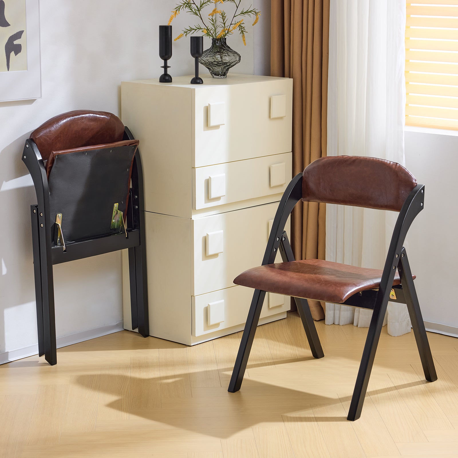 HAOYYE Set Of 2 Wooden Folding Chairs With Padded Seats Portable Simple Folding Chairs With Cushion For Guests Kitchen Office Wedding Party Picnic Black Frame With Walnut Cushion