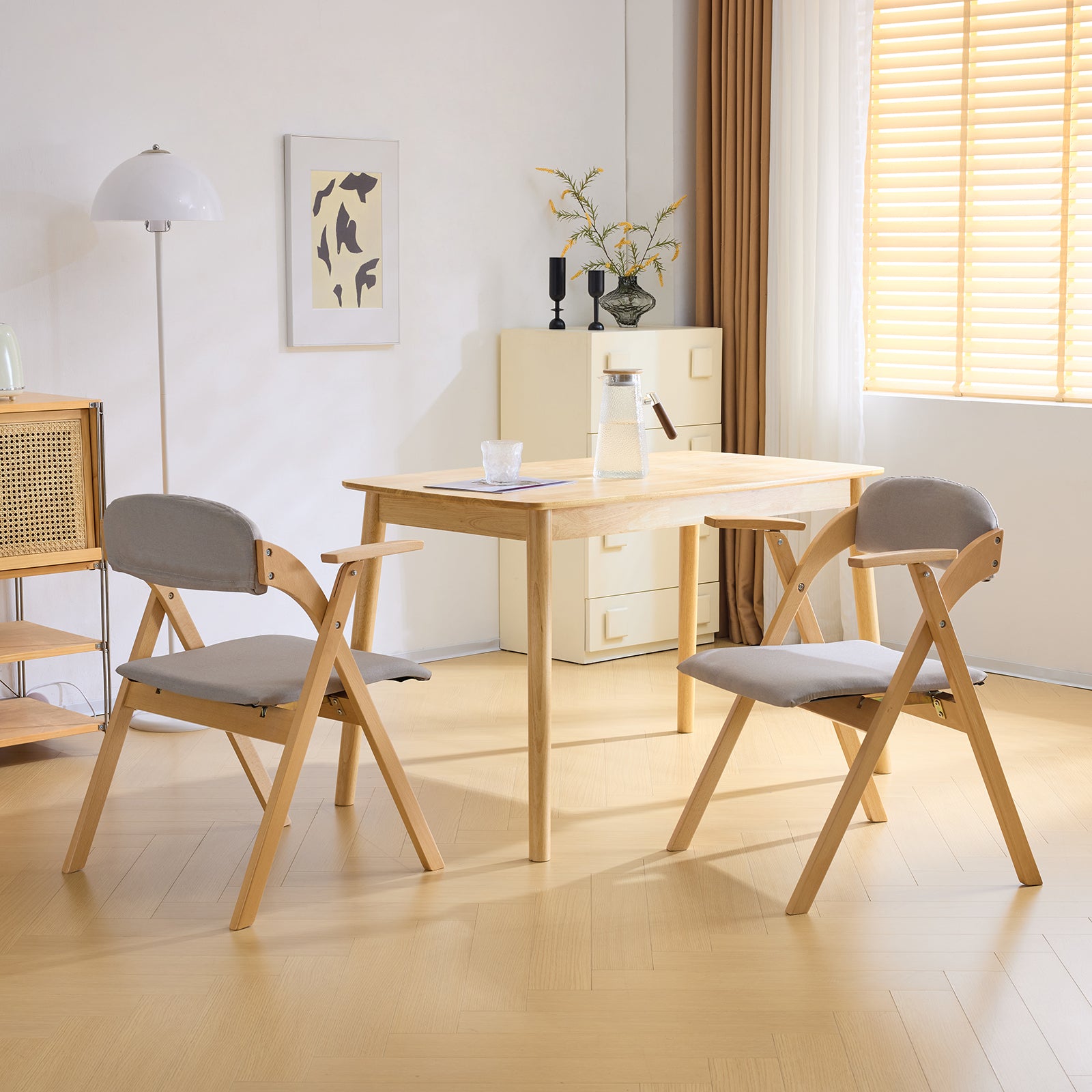 HAOYYE 2PCS Wooden Folding Chairs with Padded PU Leather Seats and Armrests, Portable Foldable Beechwood Frame Chairs for Dining Kitchen Office Wedding Party Picnic, Natural Frame with Light Gray Cushion
