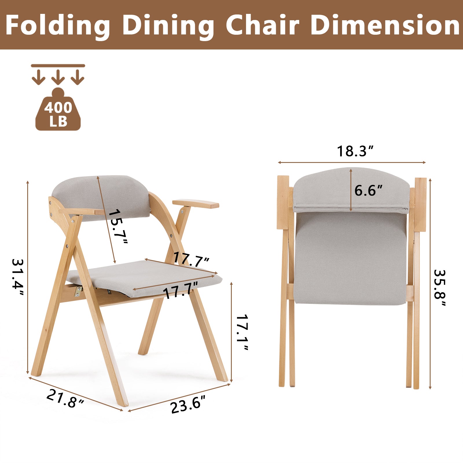 HAOYYE 2PCS Wooden Folding Chairs with Padded PU Leather Seats and Armrests, Portable Foldable Beechwood Frame Chairs for Dining Kitchen Office Wedding Party Picnic, Natural Frame with Light Gray Cushion