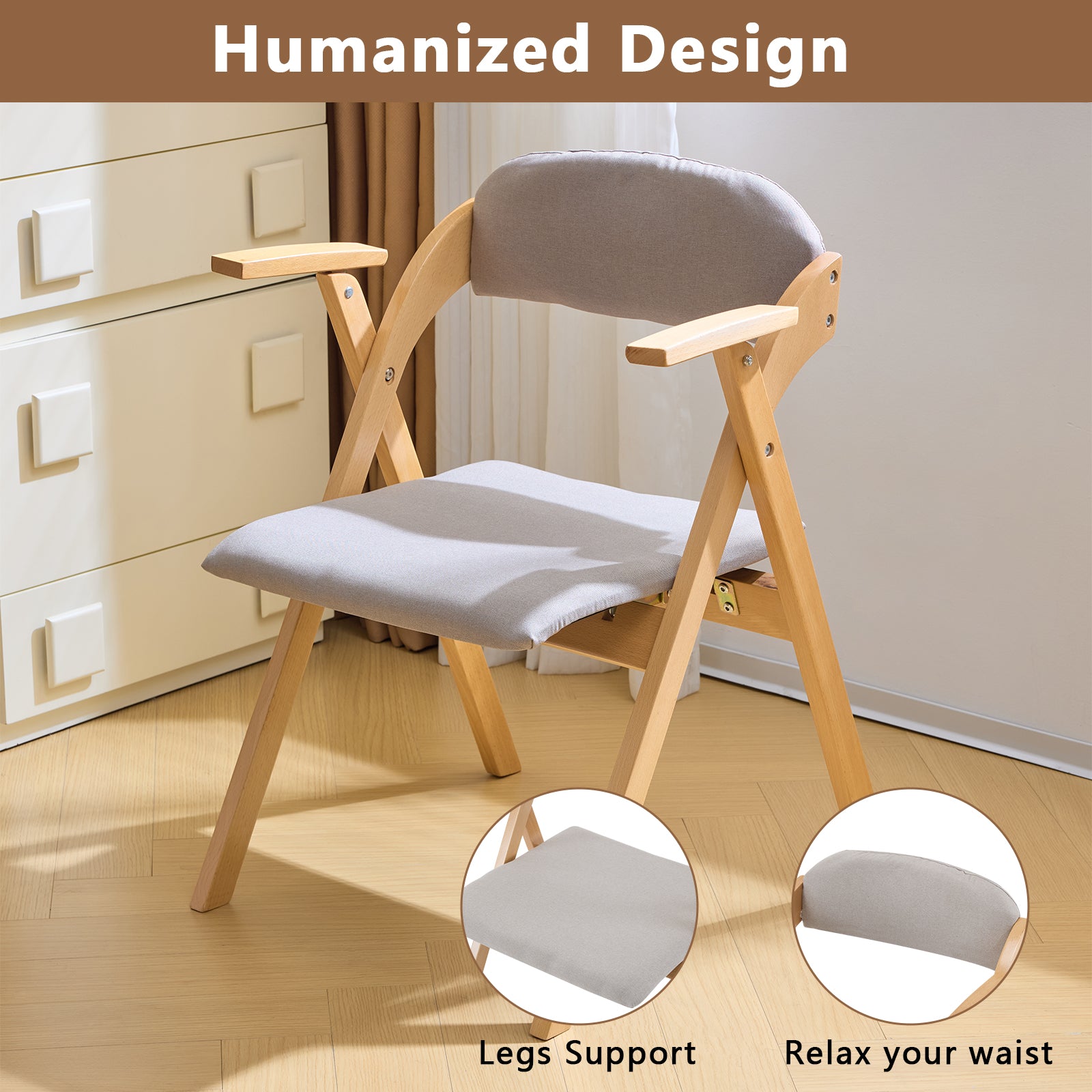 HAOYYE 2PCS Wooden Folding Chairs with Padded PU Leather Seats and Armrests, Portable Foldable Beechwood Frame Chairs for Dining Kitchen Office Wedding Party Picnic, Natural Frame with Light Gray Cushion