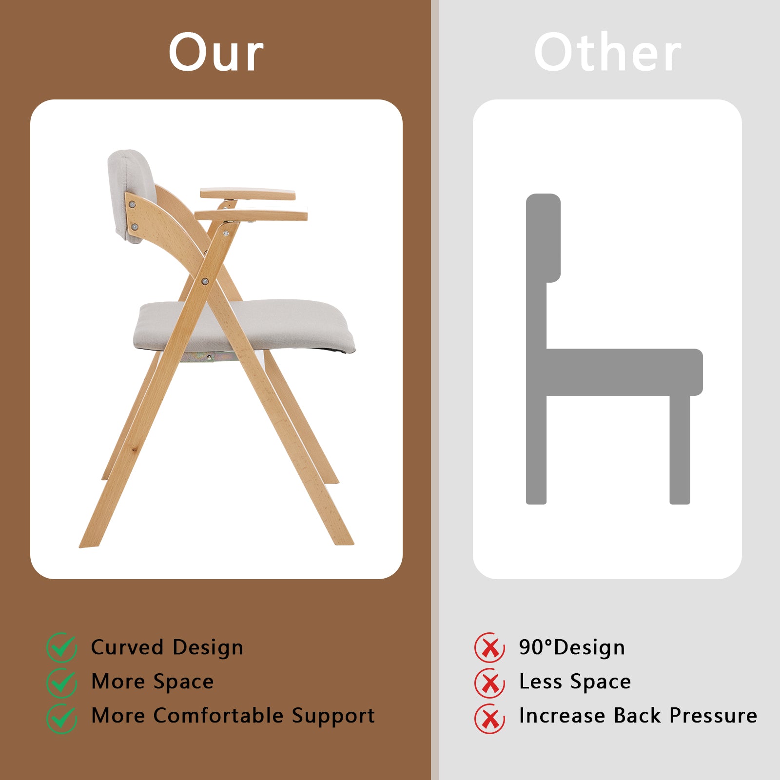 HAOYYE 2PCS Wooden Folding Chairs with Padded PU Leather Seats and Armrests, Portable Foldable Beechwood Frame Chairs for Dining Kitchen Office Wedding Party Picnic, Natural Frame with Light Gray Cushion