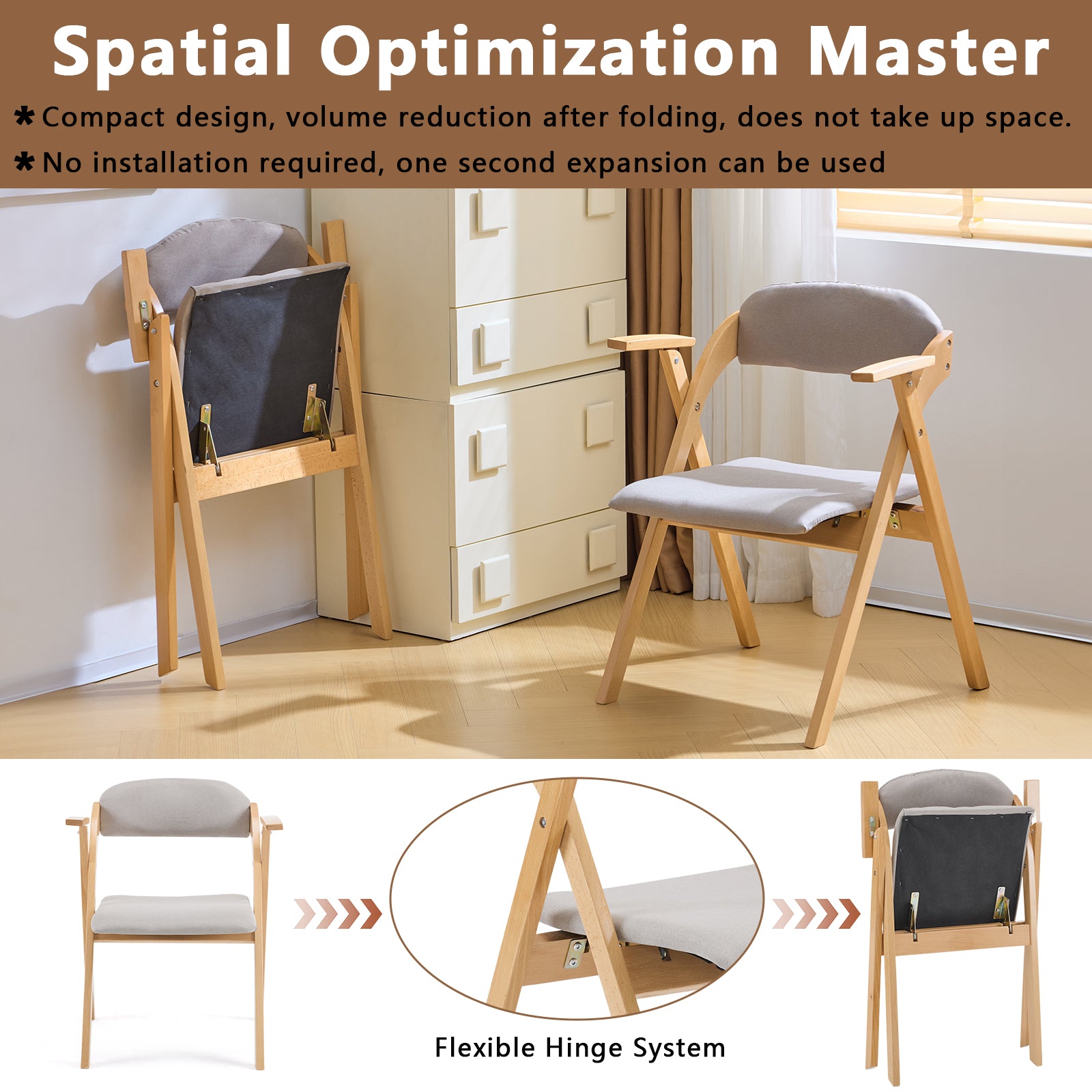 HAOYYE 2PCS Wooden Folding Chairs with Padded PU Leather Seats and Armrests, Portable Foldable Beechwood Frame Chairs for Dining Kitchen Office Wedding Party Picnic, Natural Frame with Light Gray Cushion
