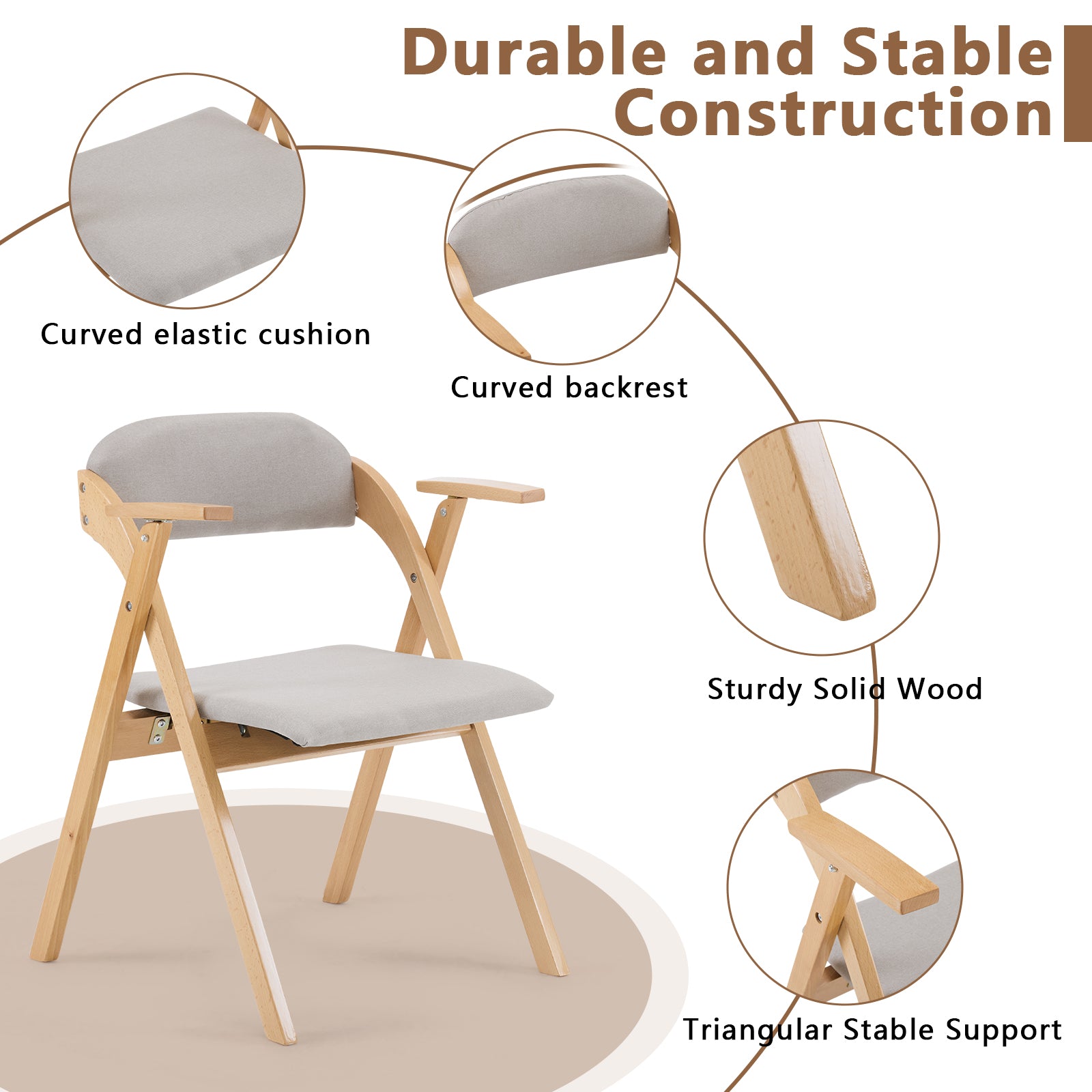HAOYYE 2PCS Wooden Folding Chairs with Padded PU Leather Seats and Armrests, Portable Foldable Beechwood Frame Chairs for Dining Kitchen Office Wedding Party Picnic, Natural Frame with Light Gray Cushion