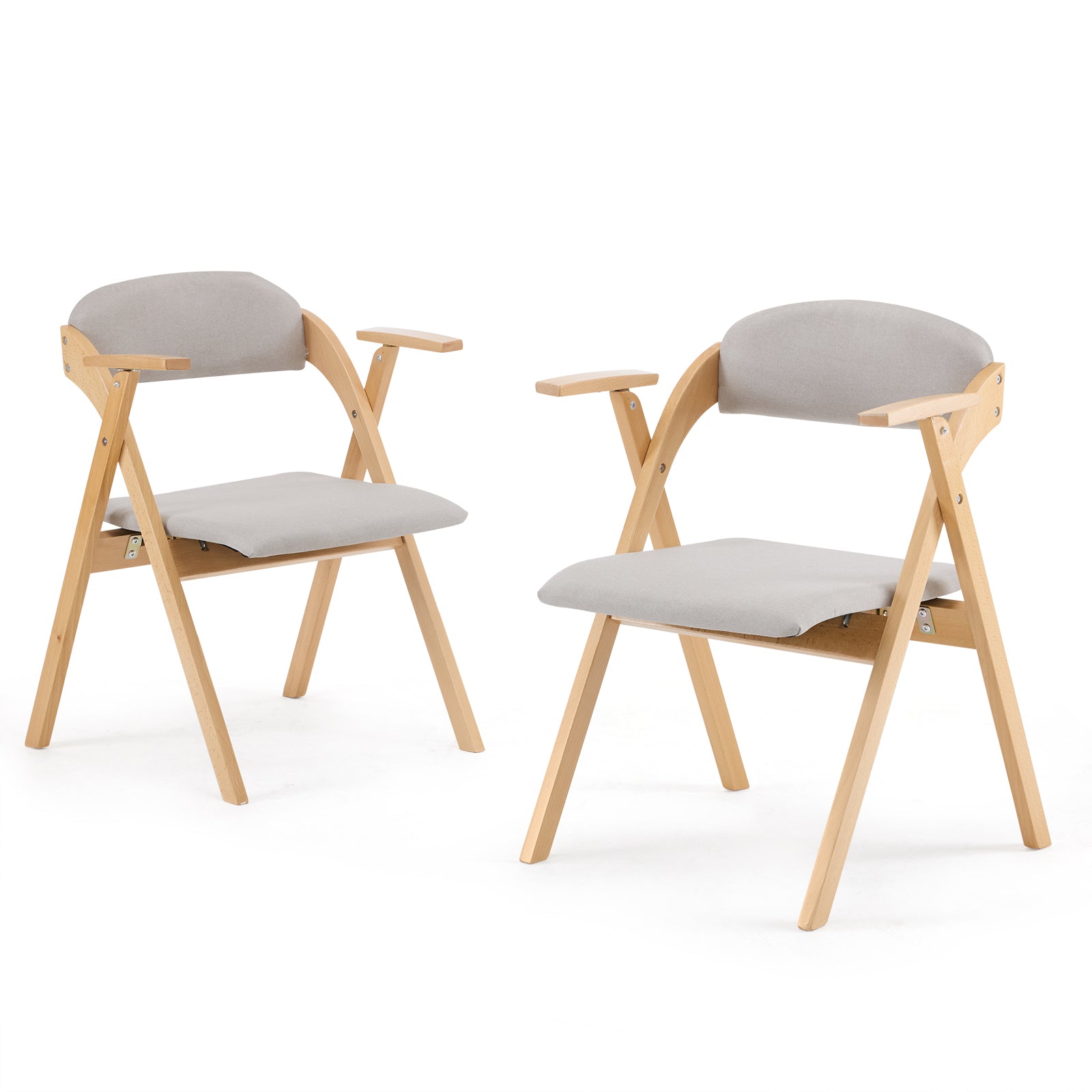 HAOYYE 2PCS Wooden Folding Chairs with Padded PU Leather Seats and Armrests, Portable Foldable Beechwood Frame Chairs for Dining Kitchen Office Wedding Party Picnic, Natural Frame with Light Gray Cushion