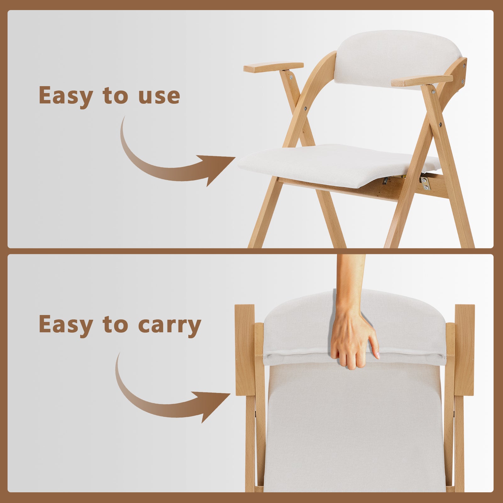 HAOYYE Set of 2 Wooden Folding Chairs with Padded PU Leather Seats and Armrests, Portable Foldable Beechwood Frame Chairs for Dining Kitchen Office Wedding Party Picnic, Natural Frame with Beige Cushion