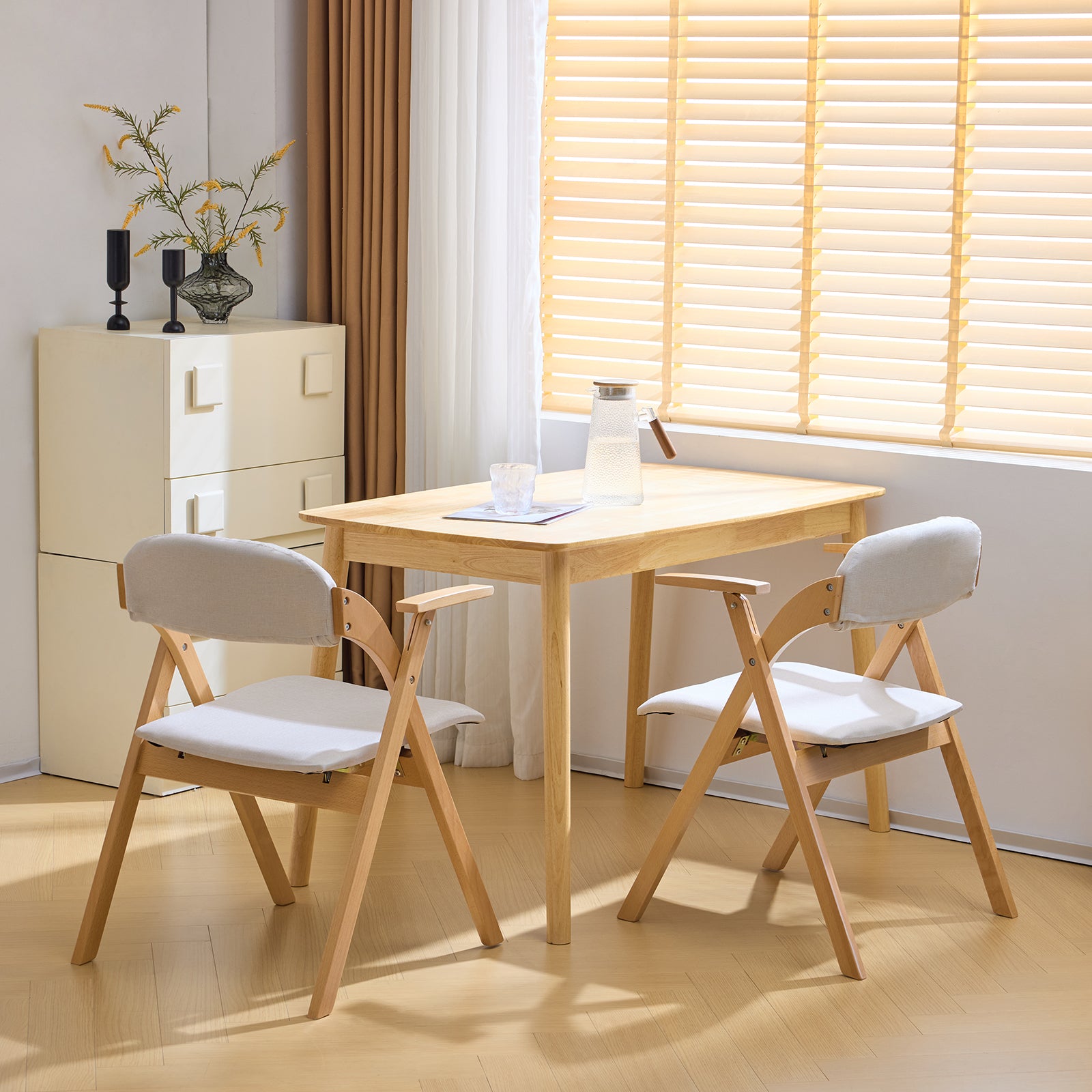 HAOYYE Set of 2 Wooden Folding Chairs with Padded PU Leather Seats and Armrests, Portable Foldable Beechwood Frame Chairs for Dining Kitchen Office Wedding Party Picnic, Natural Frame with Beige Cushion