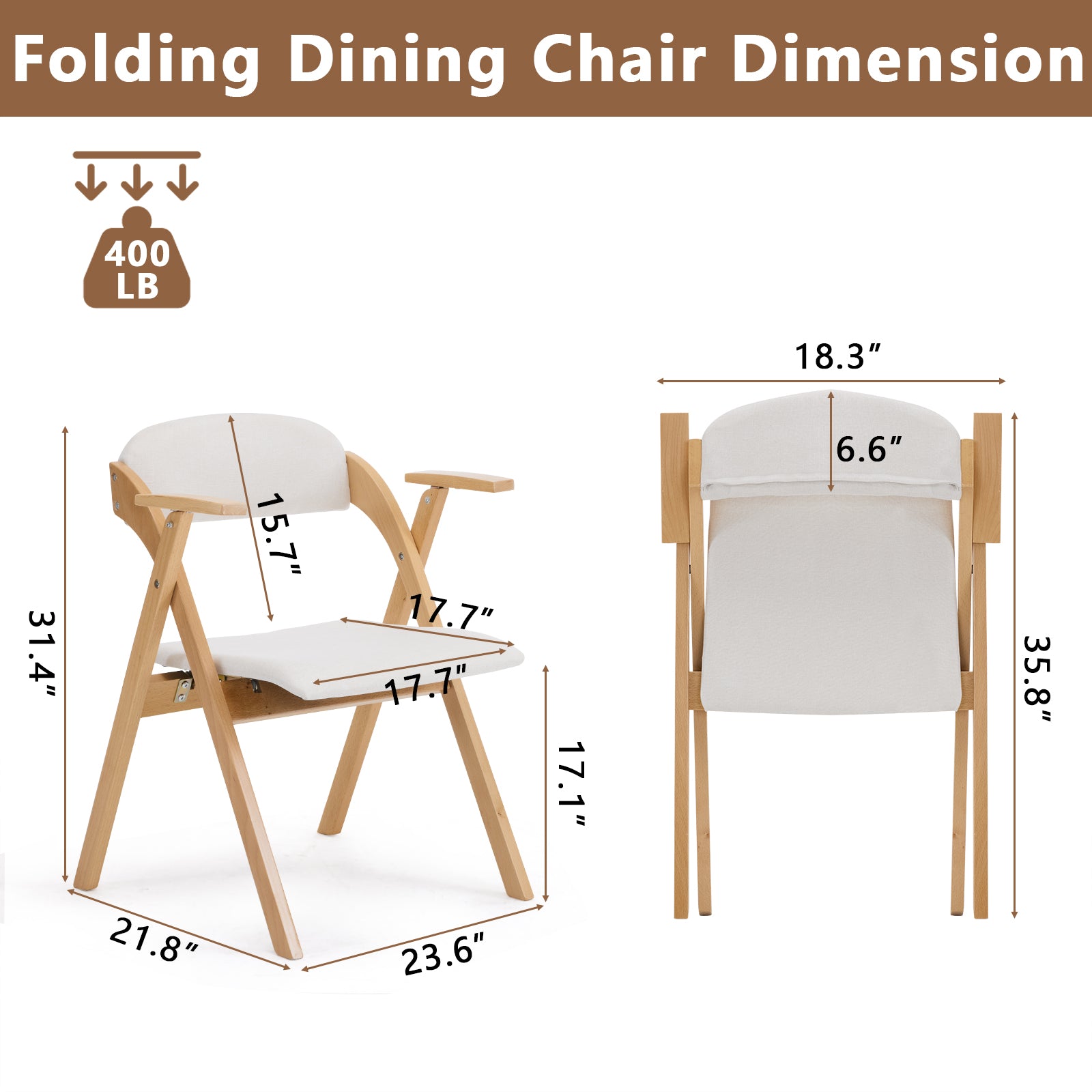 HAOYYE Set of 2 Wooden Folding Chairs with Padded PU Leather Seats and Armrests, Portable Foldable Beechwood Frame Chairs for Dining Kitchen Office Wedding Party Picnic, Natural Frame with Beige Cushion