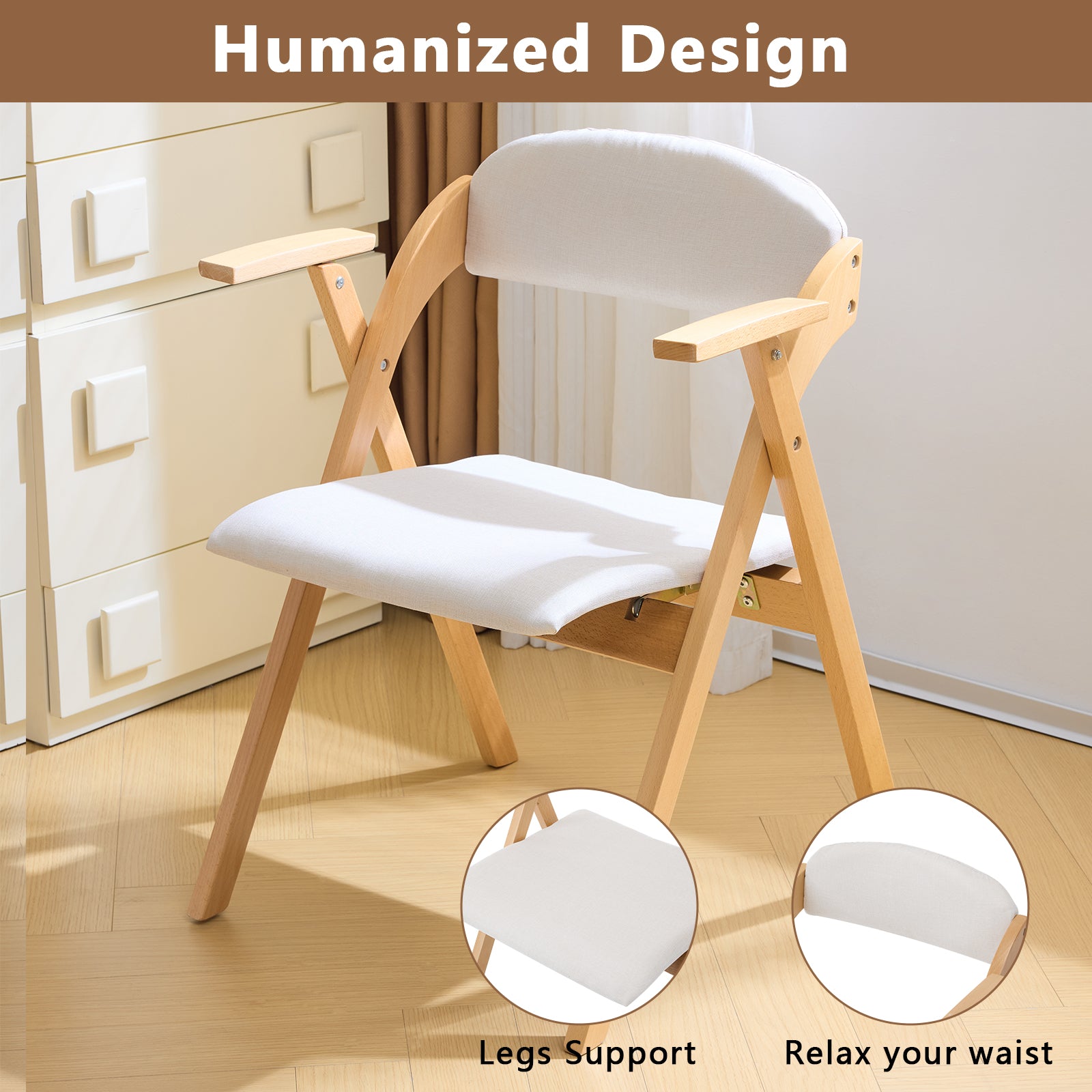 HAOYYE Set of 2 Wooden Folding Chairs with Padded PU Leather Seats and Armrests, Portable Foldable Beechwood Frame Chairs for Dining Kitchen Office Wedding Party Picnic, Natural Frame with Beige Cushion