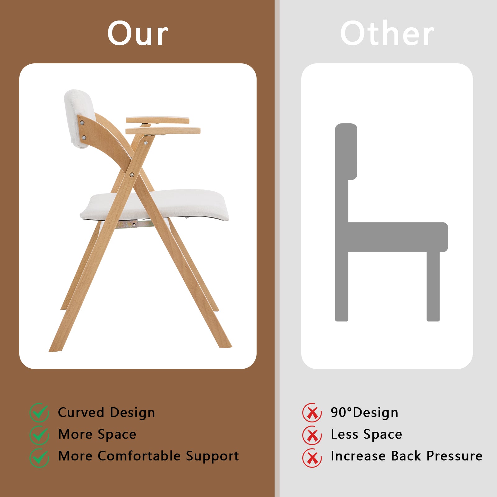 HAOYYE Set of 2 Wooden Folding Chairs with Padded PU Leather Seats and Armrests, Portable Foldable Beechwood Frame Chairs for Dining Kitchen Office Wedding Party Picnic, Natural Frame with Beige Cushion