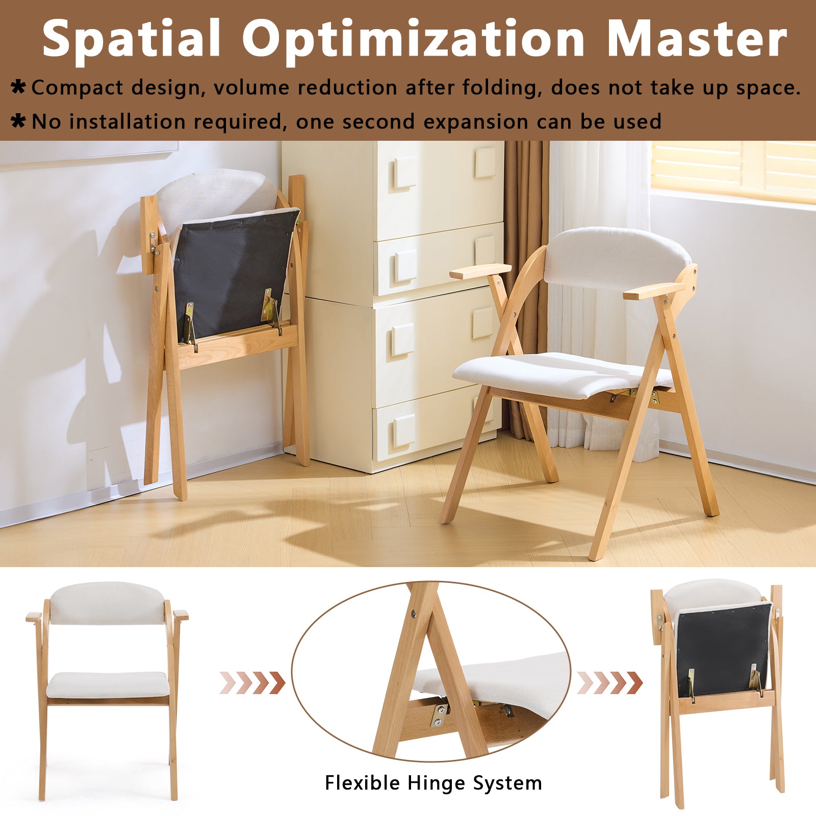 HAOYYE Set of 2 Wooden Folding Chairs with Padded PU Leather Seats and Armrests, Portable Foldable Beechwood Frame Chairs for Dining Kitchen Office Wedding Party Picnic, Natural Frame with Beige Cushion