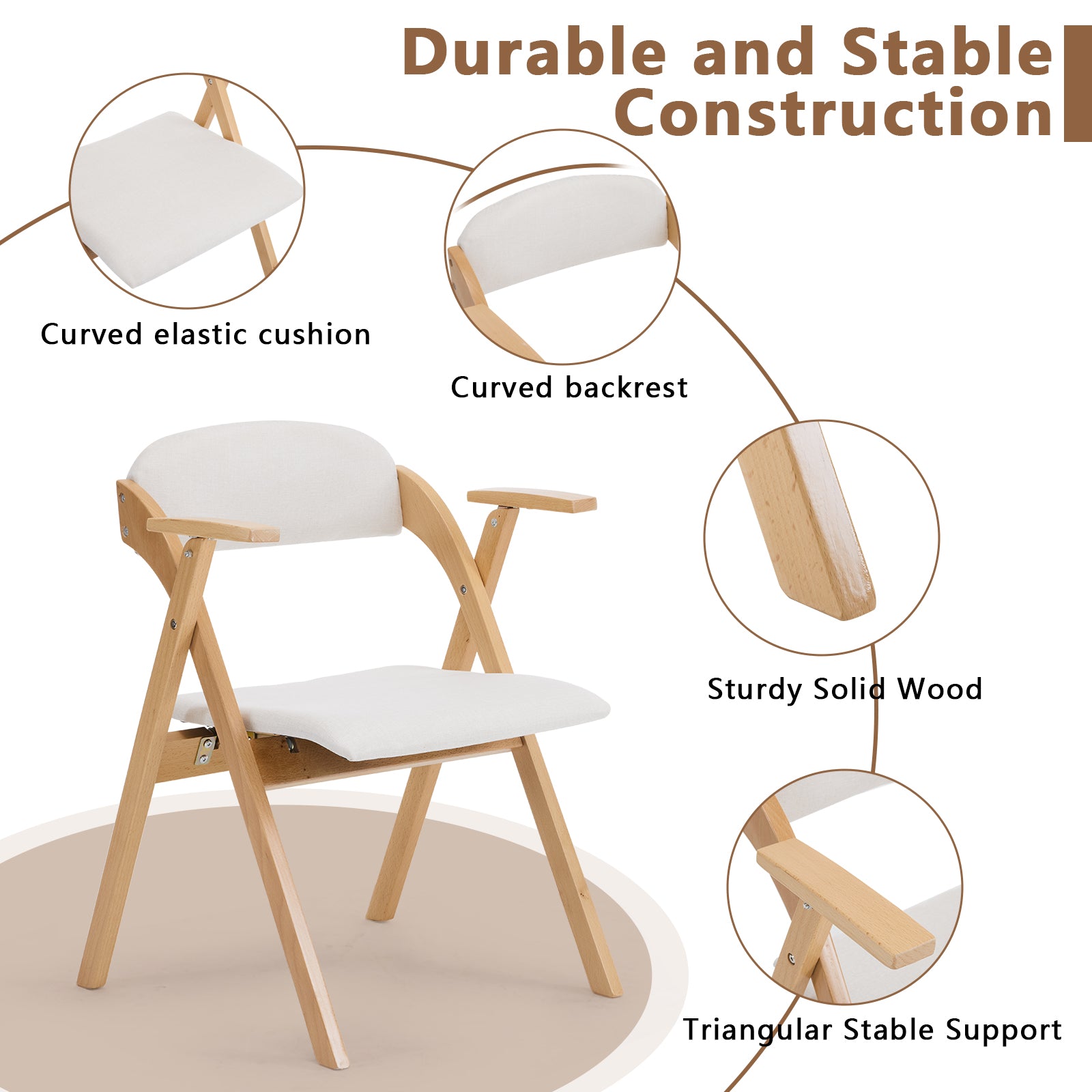 HAOYYE Set of 2 Wooden Folding Chairs with Padded PU Leather Seats and Armrests, Portable Foldable Beechwood Frame Chairs for Dining Kitchen Office Wedding Party Picnic, Natural Frame with Beige Cushion