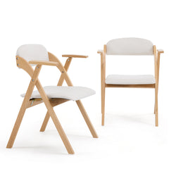 HAOYYE Set of 2 Wooden Folding Chairs with Padded PU Leather Seats and Armrests, Portable Foldable Beechwood Frame Chairs for Dining Kitchen Office Wedding Party Picnic, Natural Frame with Beige Cushion