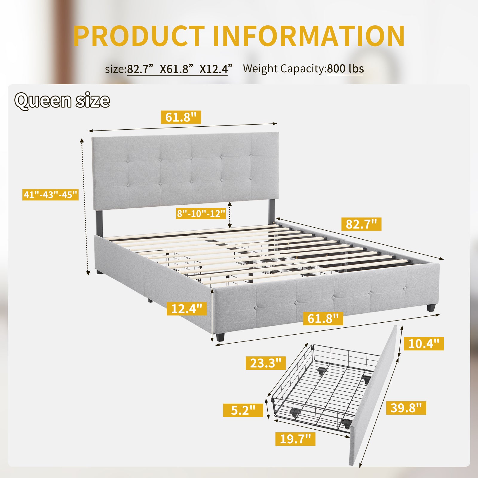 HAOYYE Upholstered Queen Platform Storage Bed Frame with 4 Drawers, Adjustable Headboard with Button-Tufted Design, Wooden Slat Support, No Box Spring Needed, Light Grey Linen Fabric, Sturdy Frame, Modern and Elegant Storage Bed for Bedroom