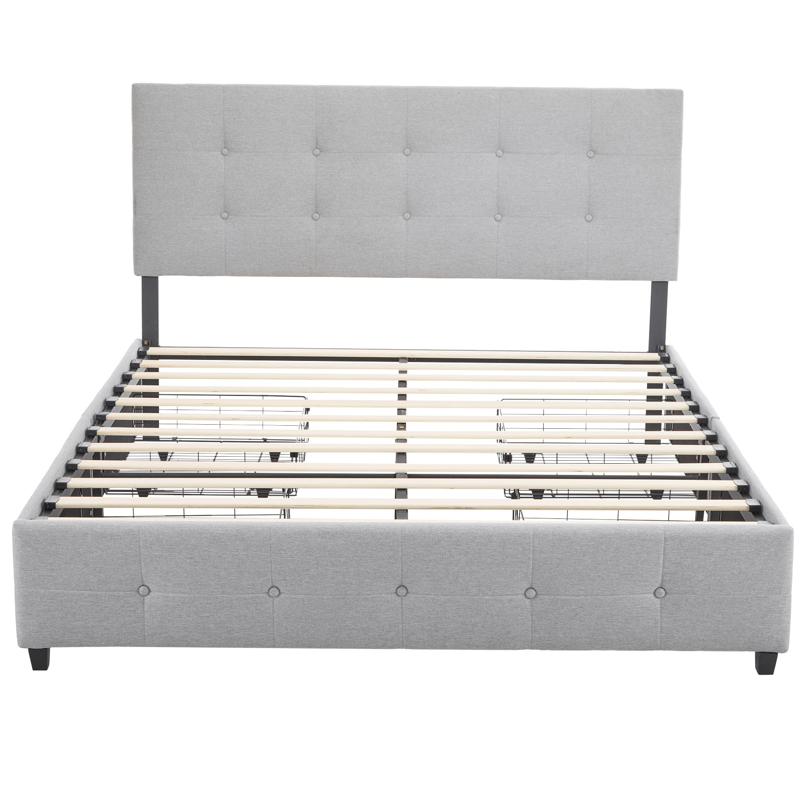 HAOYYE Upholstered Queen Platform Storage Bed Frame with 4 Drawers, Adjustable Headboard with Button-Tufted Design, Wooden Slat Support, No Box Spring Needed, Light Grey Linen Fabric, Sturdy Frame, Modern and Elegant Storage Bed for Bedroom