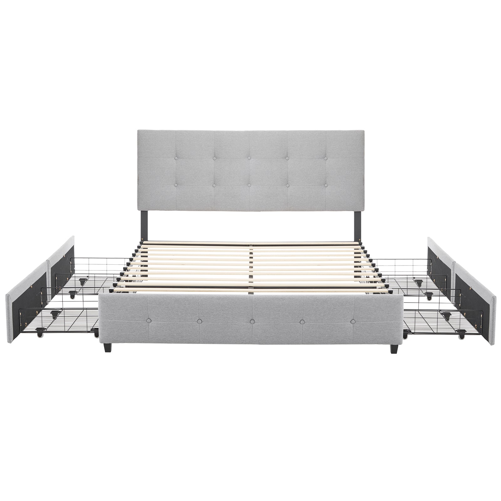 HAOYYE Upholstered Queen Platform Storage Bed Frame with 4 Drawers, Adjustable Headboard with Button-Tufted Design, Wooden Slat Support, No Box Spring Needed, Light Grey Linen Fabric, Sturdy Frame, Modern and Elegant Storage Bed for Bedroom
