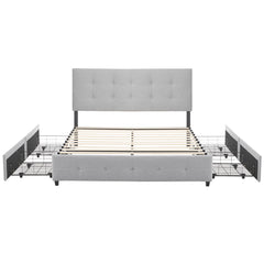HAOYYE Upholstered Queen Platform Bed with 4 Drawers, Adjustable Button-Tufted Headboard, Wooden Slat Support, No Box Spring Needed, Light Grey Storage Bed for Bedroom