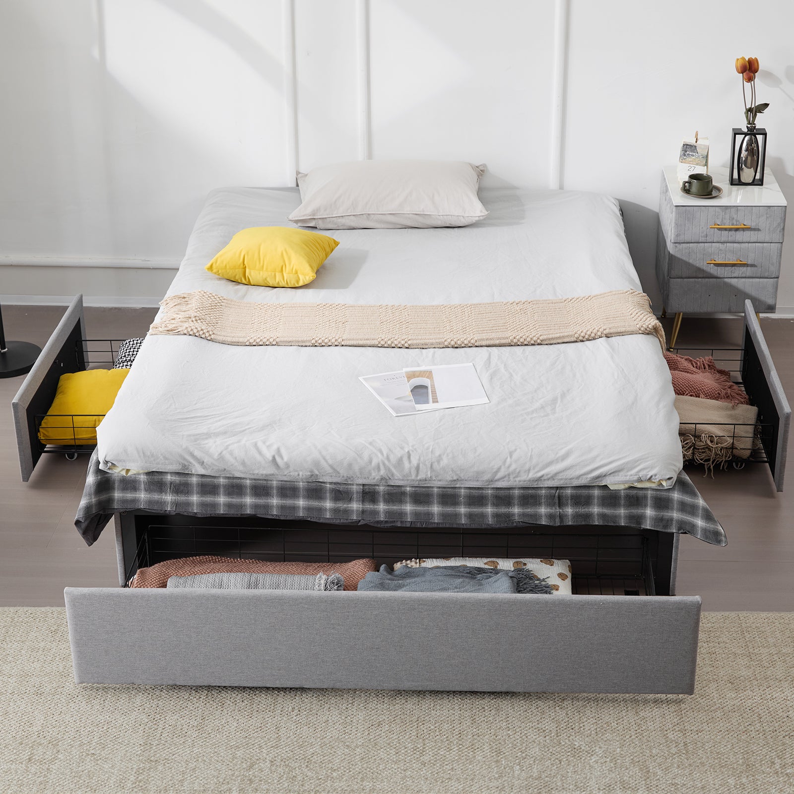 HAOYYE Full Bed Frame with 3 Large Drawers, Fabric Upholstered Platform Bed with Wooden Slat Support, No Box Spring Needed, Easy Assembly, Modern Light Grey Upholstered Bed for Bedroom, Storage Solution, Stylish and Durable Design