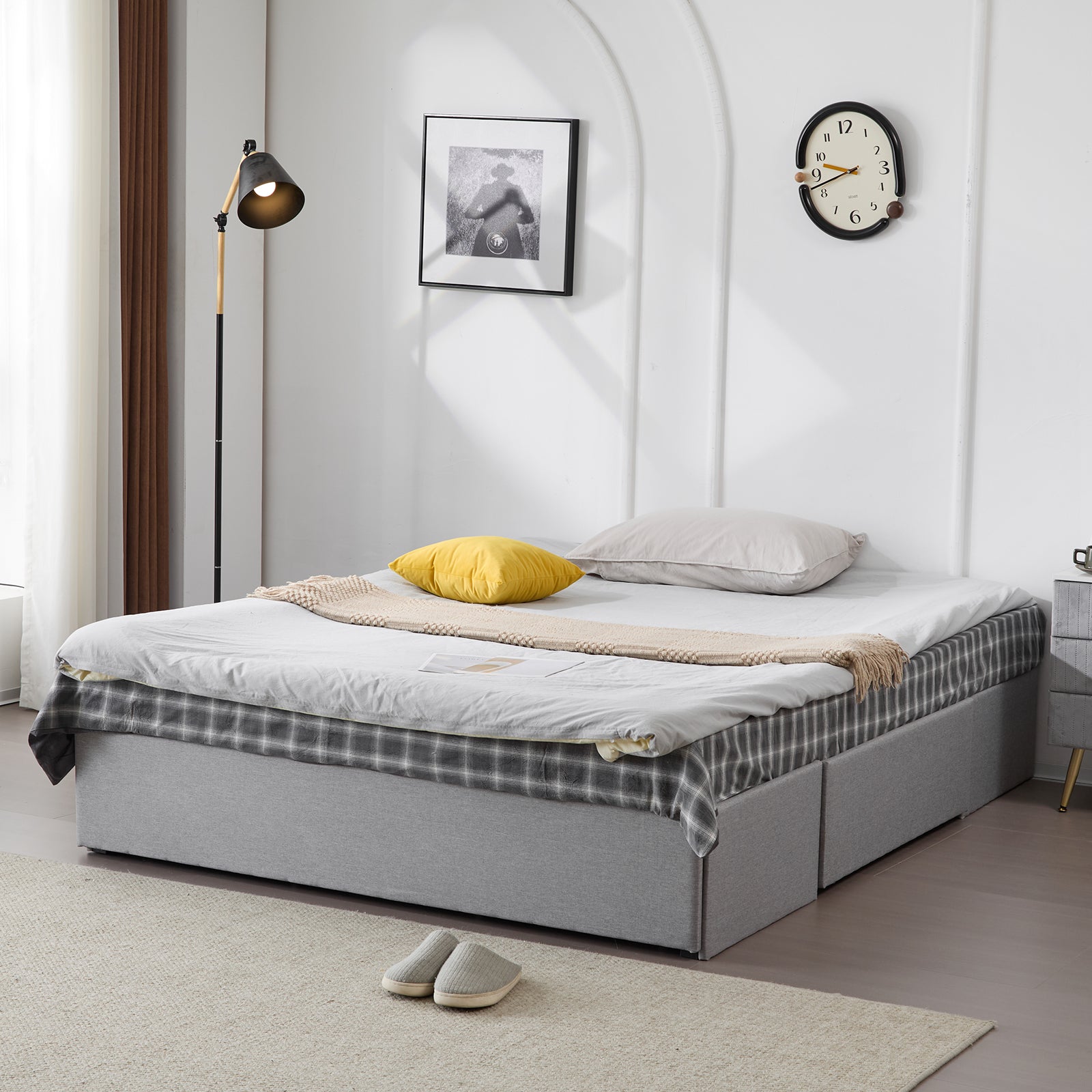 HAOYYE Full Bed Frame with 3 Large Drawers, Fabric Upholstered Platform Bed with Wooden Slat Support, No Box Spring Needed, Easy Assembly, Modern Light Grey Upholstered Bed for Bedroom, Storage Solution, Stylish and Durable Design