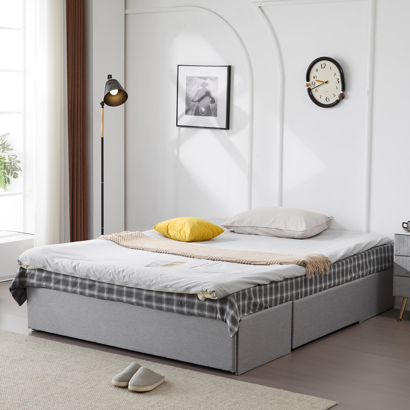 HAOYYE Queen Bed Frame with 3 Large Storage Drawers, Fabric Upholstered Platform Bed with Wooden Slat Support, No Box Spring Needed, Easy Assembly, Light Grey Upholstered Bed for Bedroom, Modern and Space-Saving Design