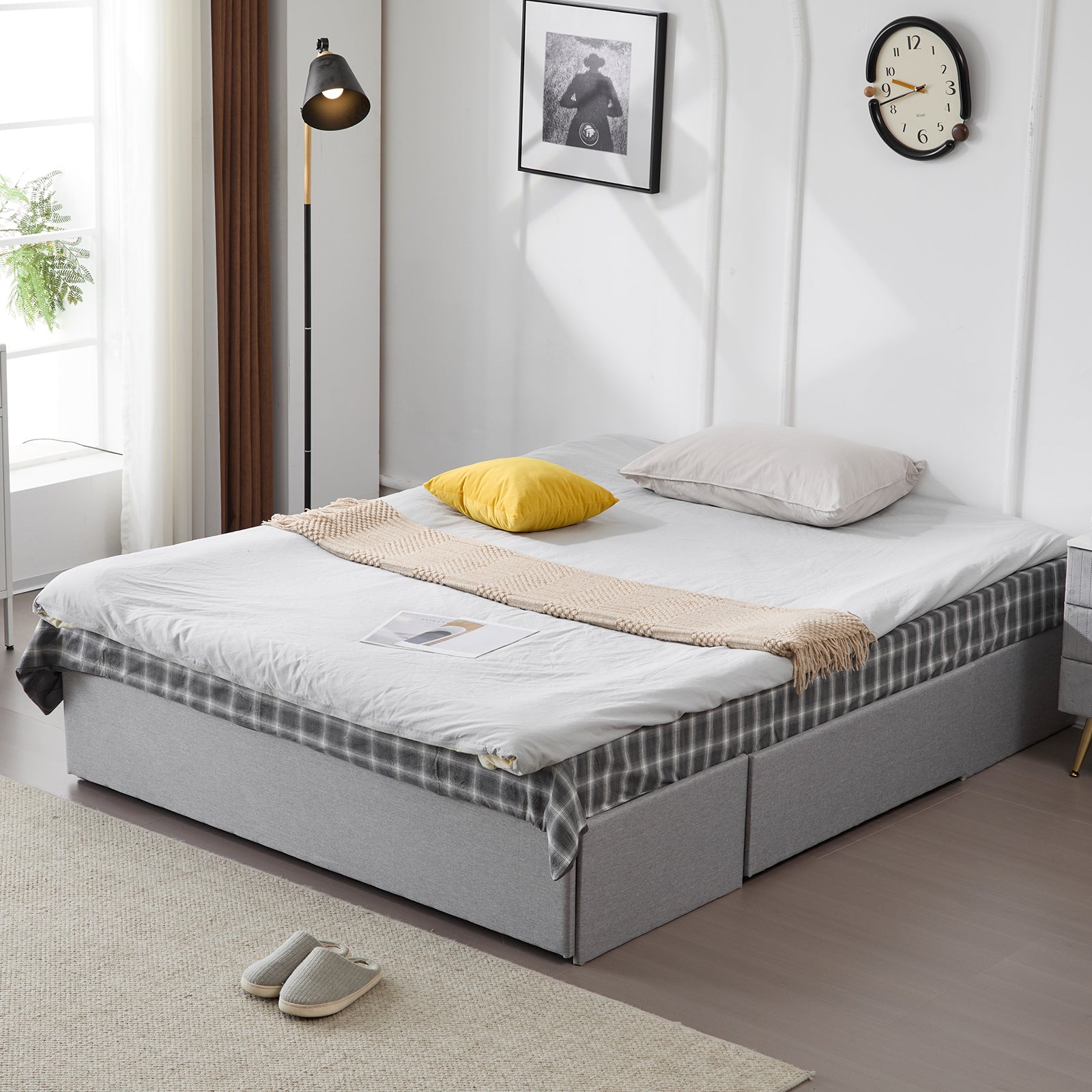HAOYYE Queen Bed Frame with 3 Large Storage Drawers, Fabric Upholstered Platform Bed with Wooden Slat Support, No Box Spring Needed, Easy Assembly, Light Grey Upholstered Bed for Bedroom, Modern and Space-Saving Design