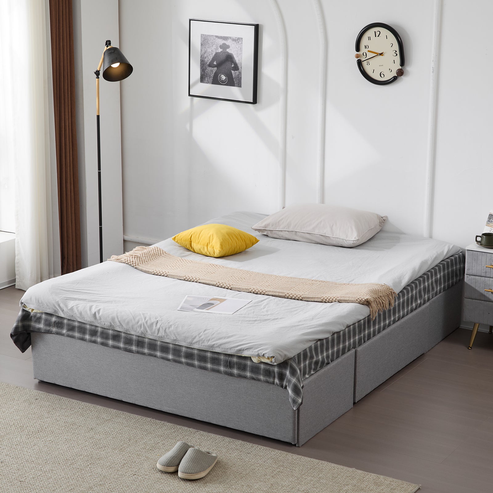 HAOYYE Queen Bed Frame with 3 Large Storage Drawers, Fabric Upholstered Platform Bed with Wooden Slat Support, No Box Spring Needed, Easy Assembly, Light Grey Upholstered Bed for Bedroom, Modern and Space-Saving Design