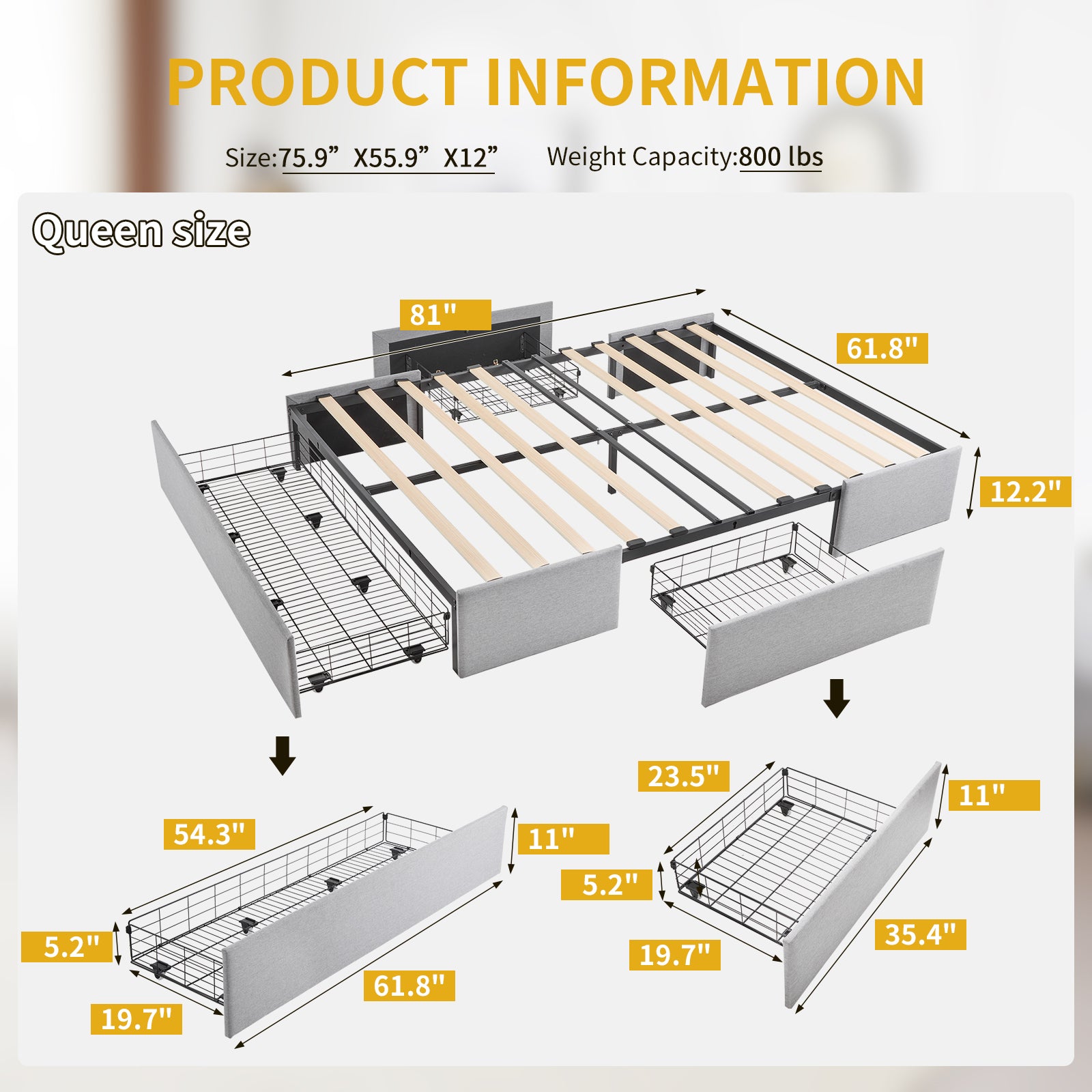 HAOYYE Queen Bed Frame with 3 Large Storage Drawers, Fabric Upholstered Platform Bed with Wooden Slat Support, No Box Spring Needed, Easy Assembly, Light Grey Upholstered Bed for Bedroom, Modern and Space-Saving Design