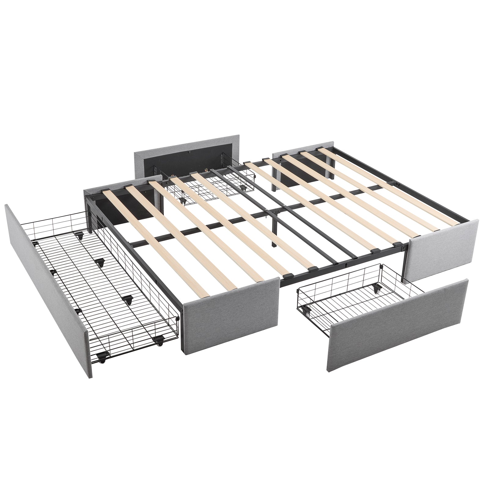 HAOYYE Queen Bed Frame with 3 Large Storage Drawers, Fabric Upholstered Platform Bed with Wooden Slat Support, No Box Spring Needed, Easy Assembly, Light Grey Upholstered Bed for Bedroom, Modern and Space-Saving Design