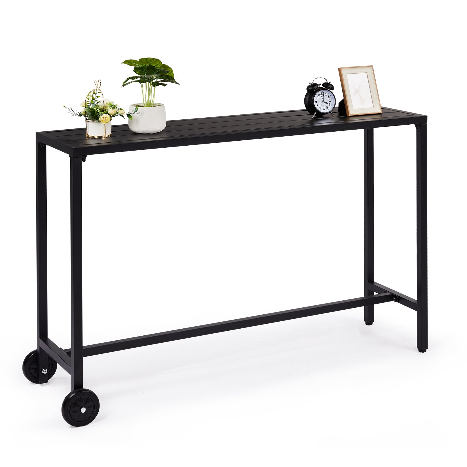 HAOYYE Outdoor Bar Table with Wheels, Rectangle Narrow Counter Height Table, Ideal for Balcony, Patio, Garden, Yard, or Poolside, Stylish and Functional Bar Height Table for Outdoor Entertaining