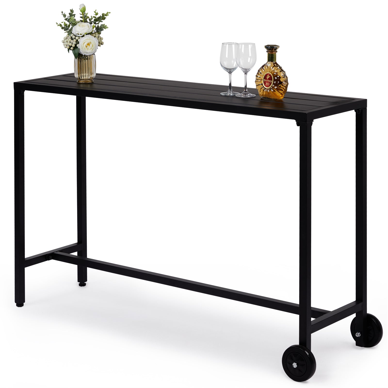 HAOYYE Outdoor Bar Table with Wheels, Rectangle Narrow Counter Height Table, Ideal for Balcony, Patio, Garden, Yard, or Poolside, Stylish and Functional Bar Height Table for Outdoor Entertaining