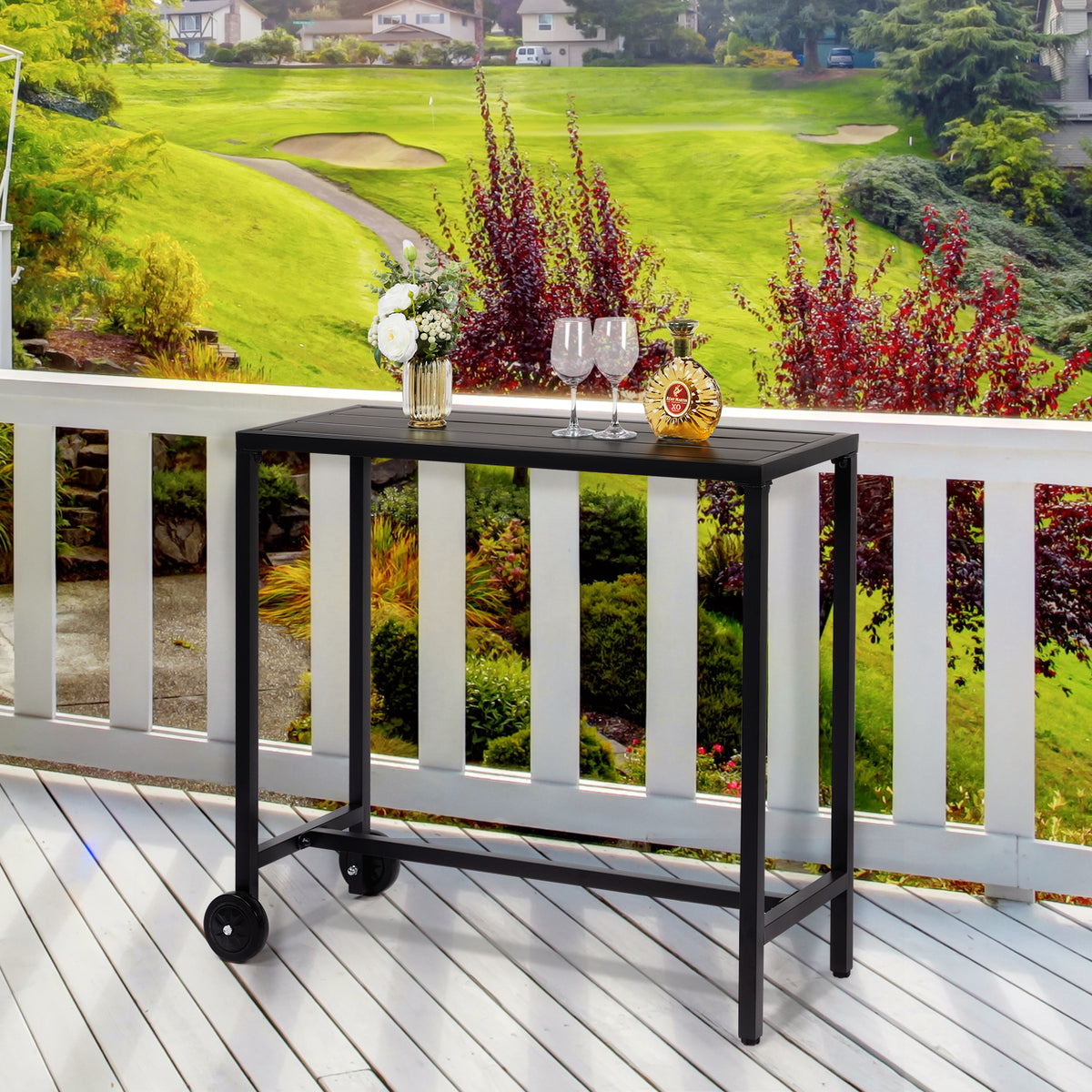 Haoyye Outdoor Bar Table With Wheels, Narrow Counter Height Rectangle Table, Perfect For Balcony, Patio, Garden, Yard, Or Poolside