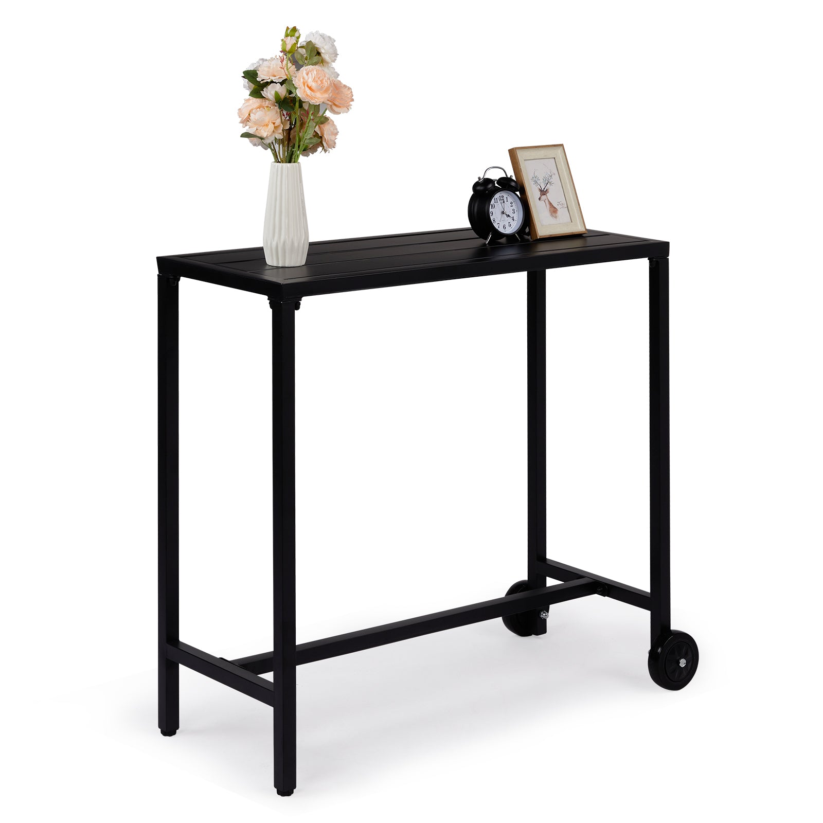 Haoyye Outdoor Bar Table With Wheels, Narrow Counter Height Rectangle Table, Perfect For Balcony, Patio, Garden, Yard, Or Poolside