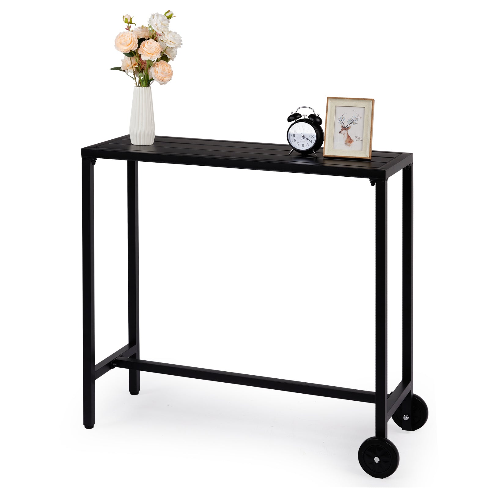 Haoyye Outdoor Bar Table With Wheels, Narrow Counter Height Rectangle Table, Perfect For Balcony, Patio, Garden, Yard, Or Poolside