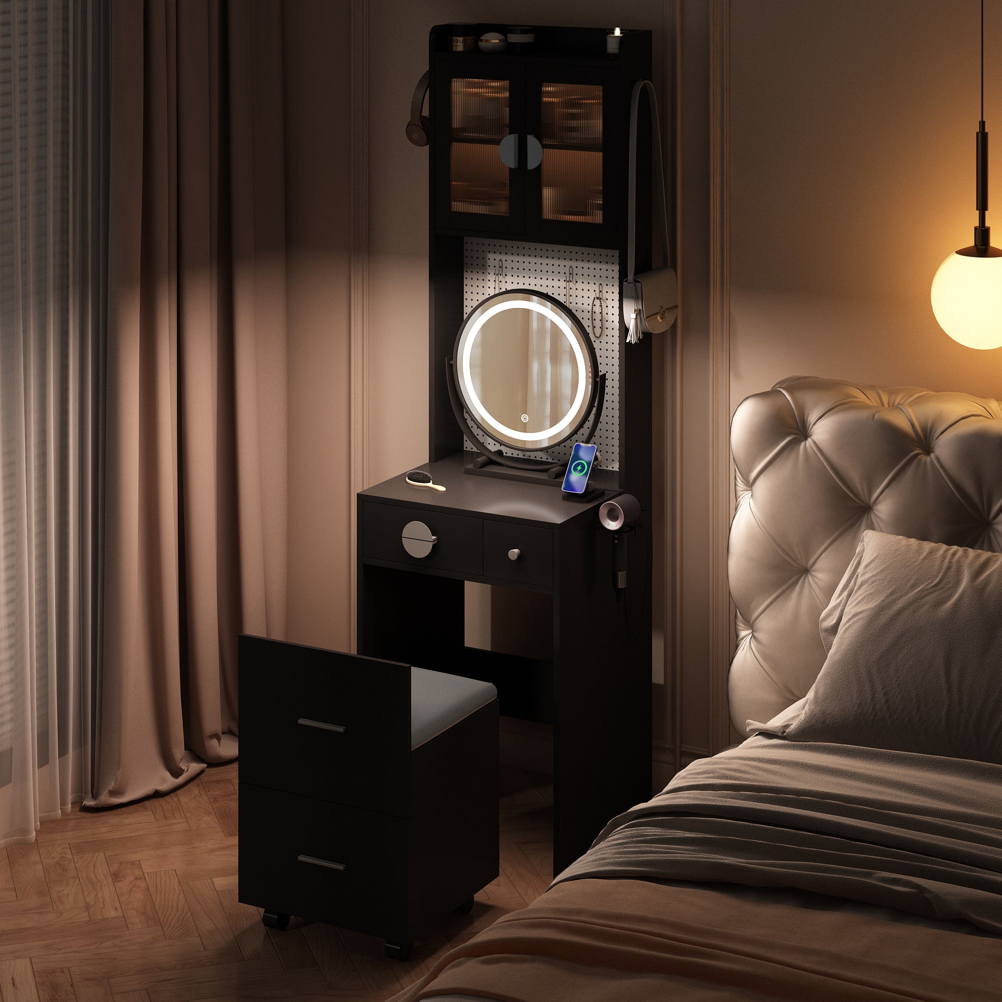 HAOYYE Small Vanity Desk with Mirror and LED Lights, Makeup Table with Charging Station, Drawers & Storage Shelves, Compact Mini Corner Vanity Set with Hidden Storage Stool for Bedroom, Space-Saving, Modern Makeup Organizer for Small Spaces
