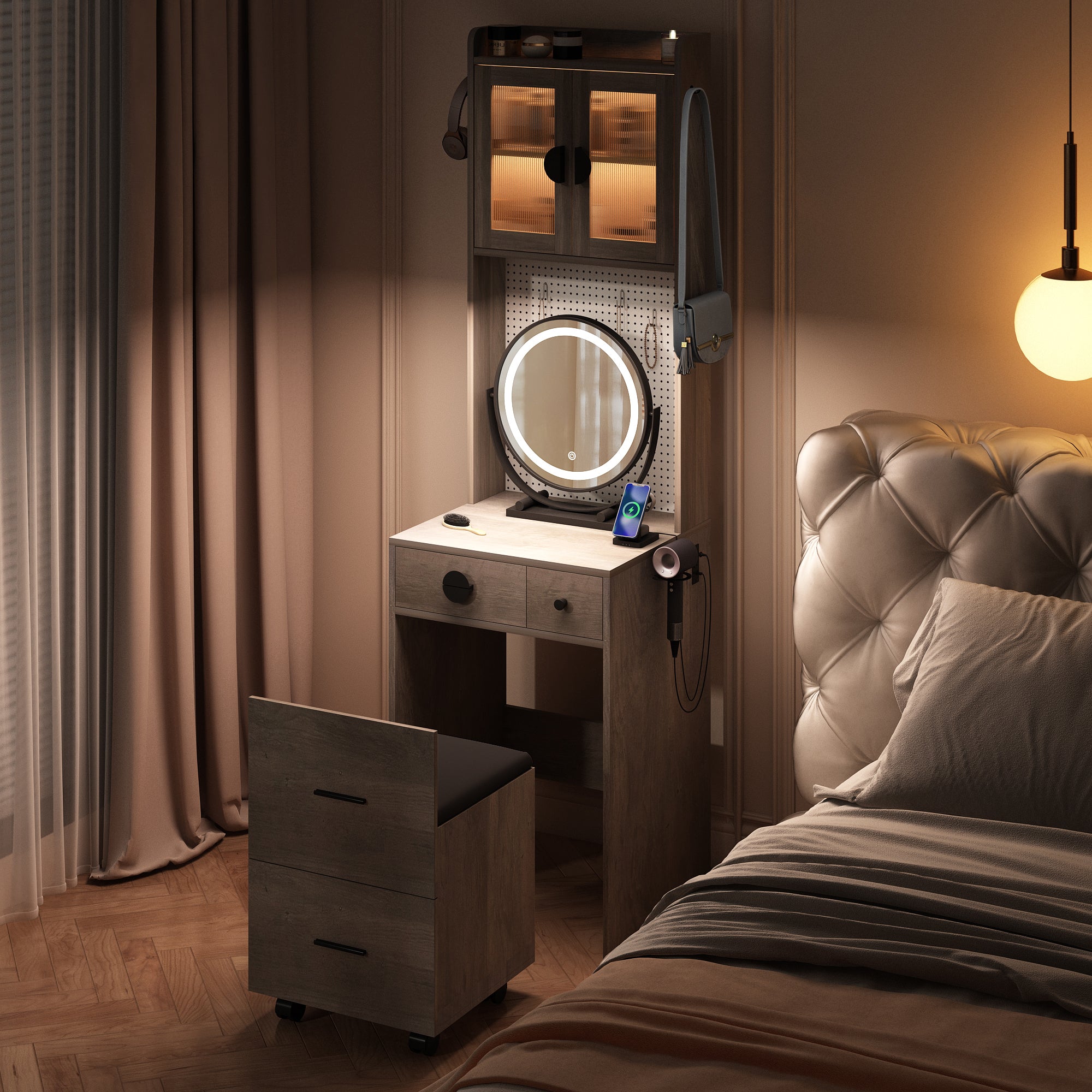 HAOYYE Small Vanity Desk with LED Mirror, Makeup Table with Charging Station, Drawers & Storage Shelves for Small Spaces, Compact Corner Vanity Set with Hidden Storage Stool for Bedroom, Apartments, Dorm Rooms – Space-Saving Design