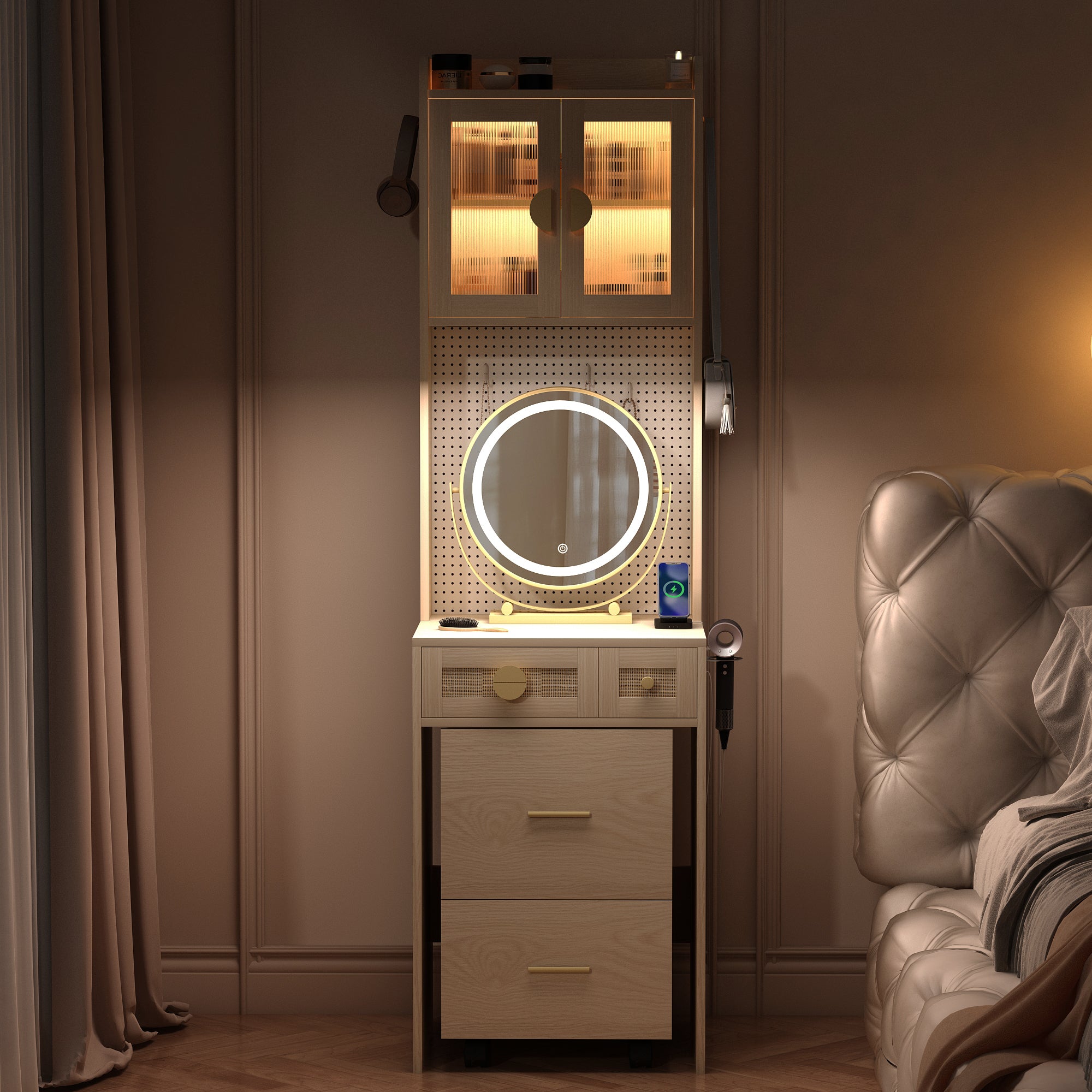 HAOYYE Small Vanity Desk with LED Mirror and Lights, Compact Makeup Table with Charging Station, Storage Shelves, Drawers & Hidden Stool for Small Space, Mini Corner Vanity Set for Bedroom, Modern Storage Solution for Apartments
