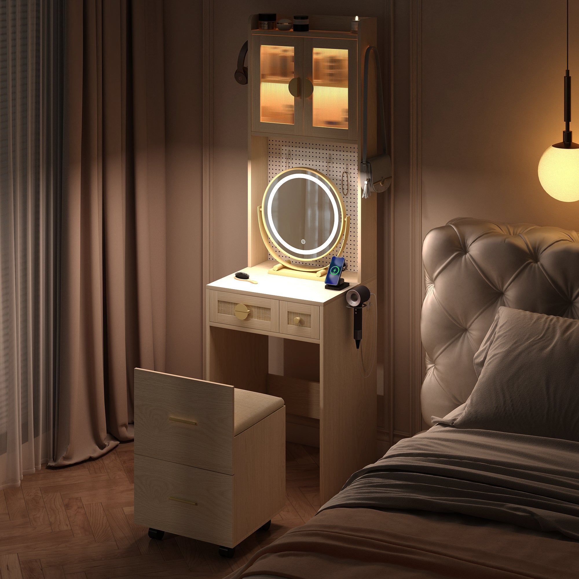 HAOYYE Small Vanity Desk with LED Mirror and Lights, Compact Makeup Table with Charging Station, Storage Shelves, Drawers & Hidden Stool for Small Space, Mini Corner Vanity Set for Bedroom, Modern Storage Solution for Apartments