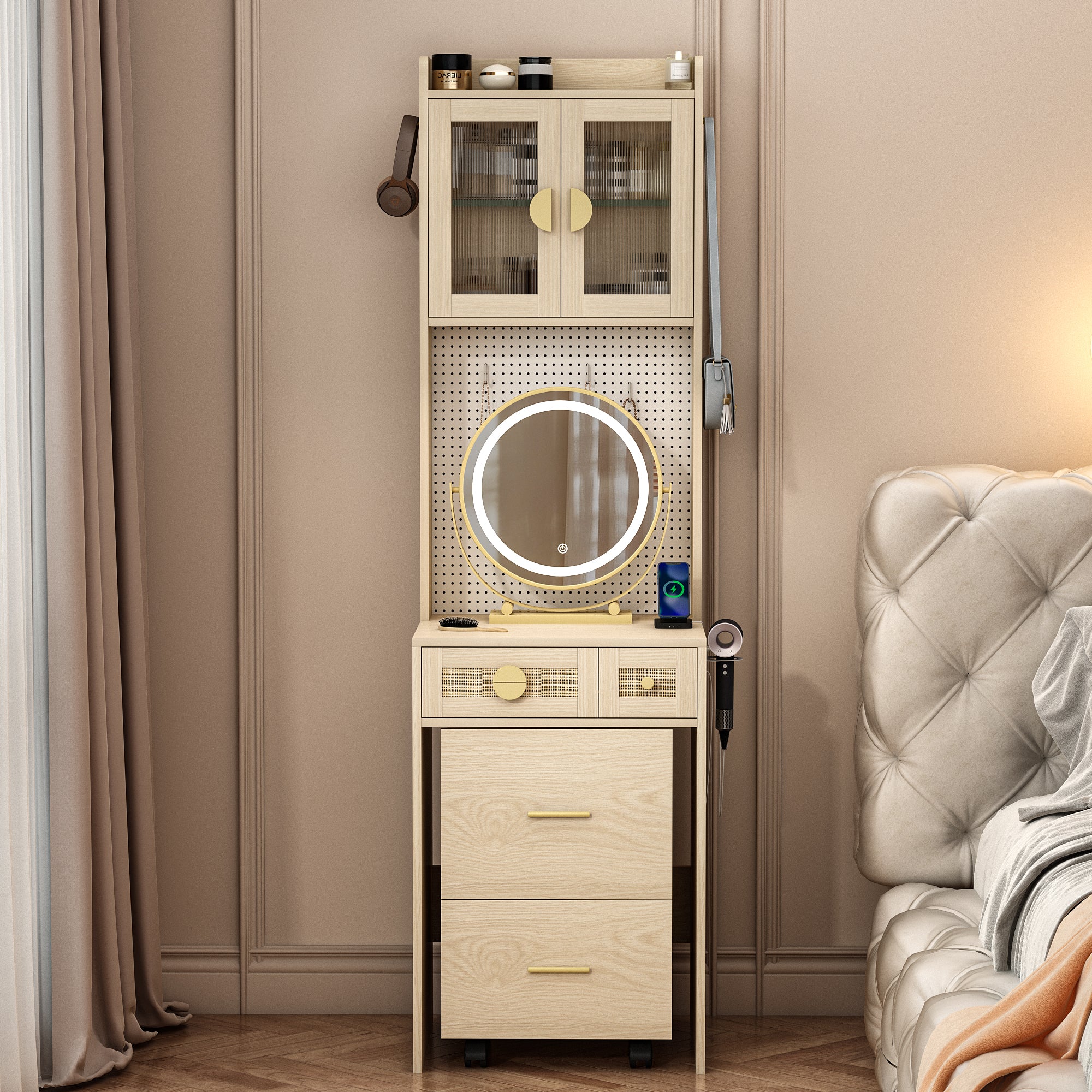 HAOYYE Small Vanity Desk with LED Mirror and Lights, Compact Makeup Table with Charging Station, Storage Shelves, Drawers & Hidden Stool for Small Space, Mini Corner Vanity Set for Bedroom, Modern Storage Solution for Apartments