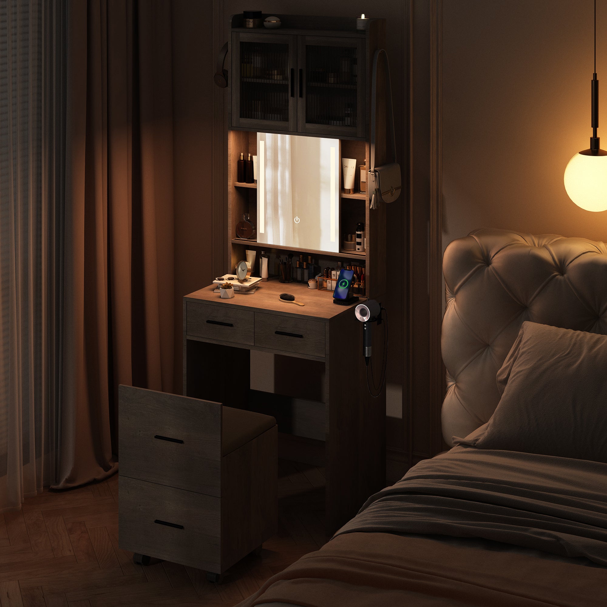 HAOYYE Small Vanity Desk with Sliding Mirror, LED Lights, and Charging Station – Compact Mini Makeup Table with Storage Shelves, Hidden Storage Stool for Bedroom, Small Space Corner Vanity Set for Apartments, Modern Design with Dimmable Lighting