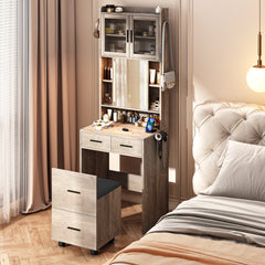 HAOYYE Small Vanity Desk with Sliding Mirror, LED Lights, and Charging Station – Compact Mini Makeup Table with Storage Shelves, Hidden Storage Stool for Bedroom, Small Space Corner Vanity Set for Apartments, Modern Design with Dimmable Lighting