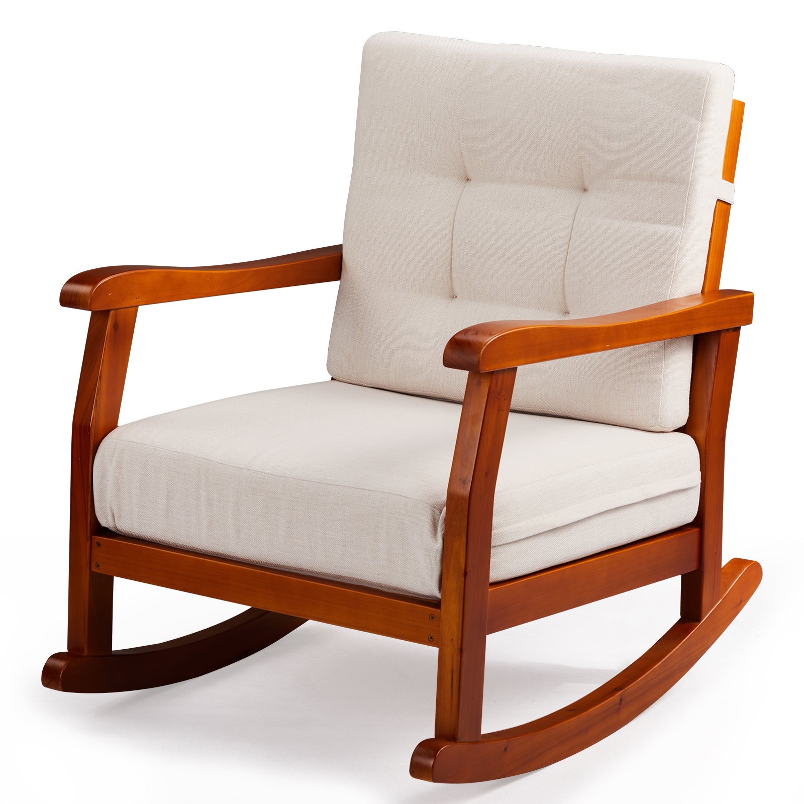 HAOYYE Outdoor Wood Rocking Chair with Detachable Washable Cushions, Inclined Backrest Patio Rocker, Solid Fir Wood Construction for Patio, Porch, Backyard, Balcony, Poolside, Teak Finish for Comfortable Relaxation