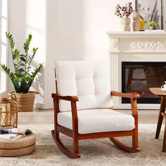 HAOYYE Outdoor Wood Rocking Chair with Detachable Washable Cushions, Inclined Backrest Patio Rocker, Solid Fir Wood Construction for Patio, Porch, Backyard, Balcony, Poolside, Teak Finish for Comfortable Relaxation