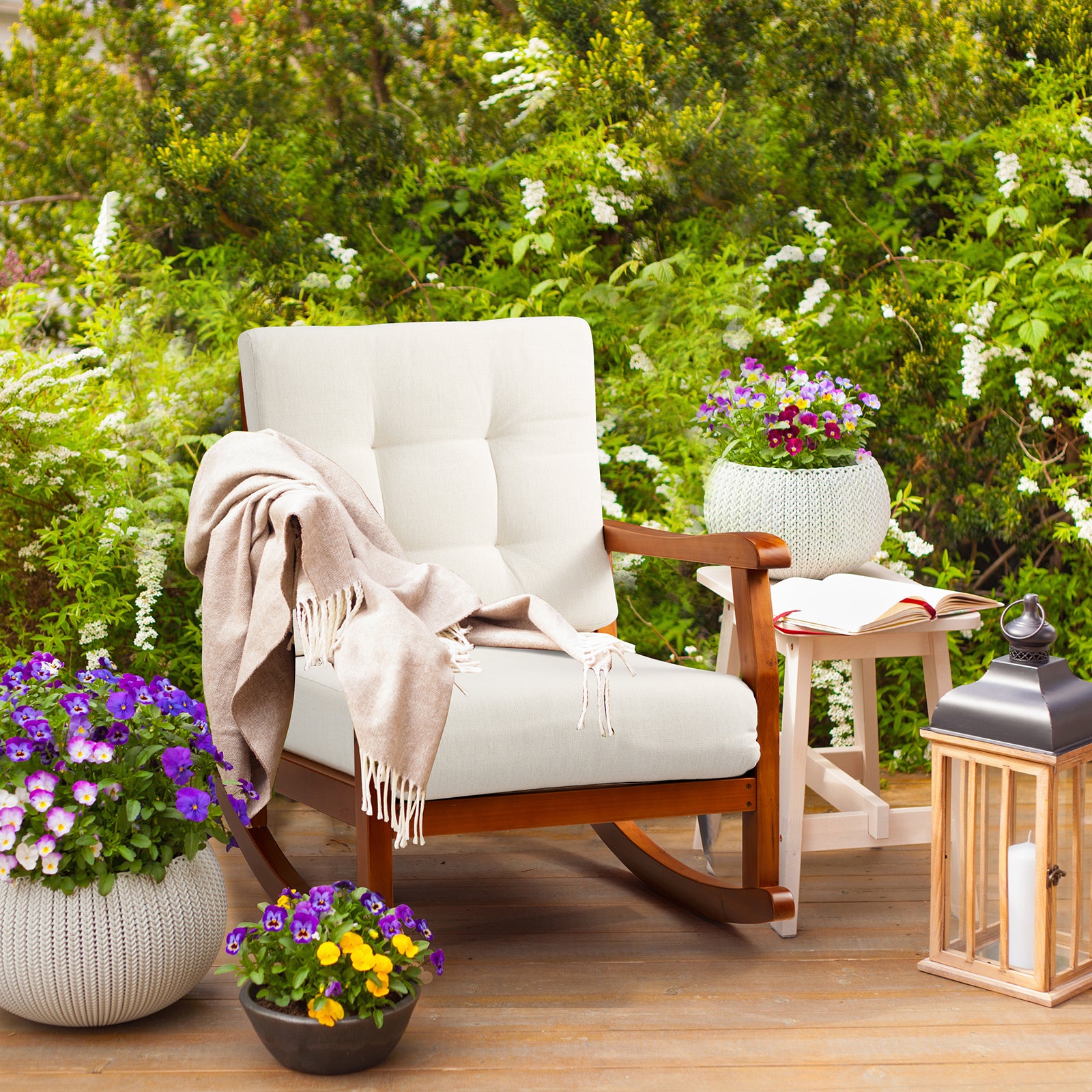HAOYYE Outdoor Wood Rocking Chair with Detachable Washable Cushions, Inclined Backrest Patio Rocker, Solid Fir Wood Construction for Patio, Porch, Backyard, Balcony, Poolside, Teak Finish for Comfortable Relaxation