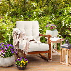 HAOYYE Outdoor Wood Rocking Chair with Detachable Washable Cushions, Inclined Backrest Patio Rocker, Solid Fir Wood Construction for Patio, Porch, Backyard, Balcony, Poolside, Teak Finish for Comfortable Relaxation
