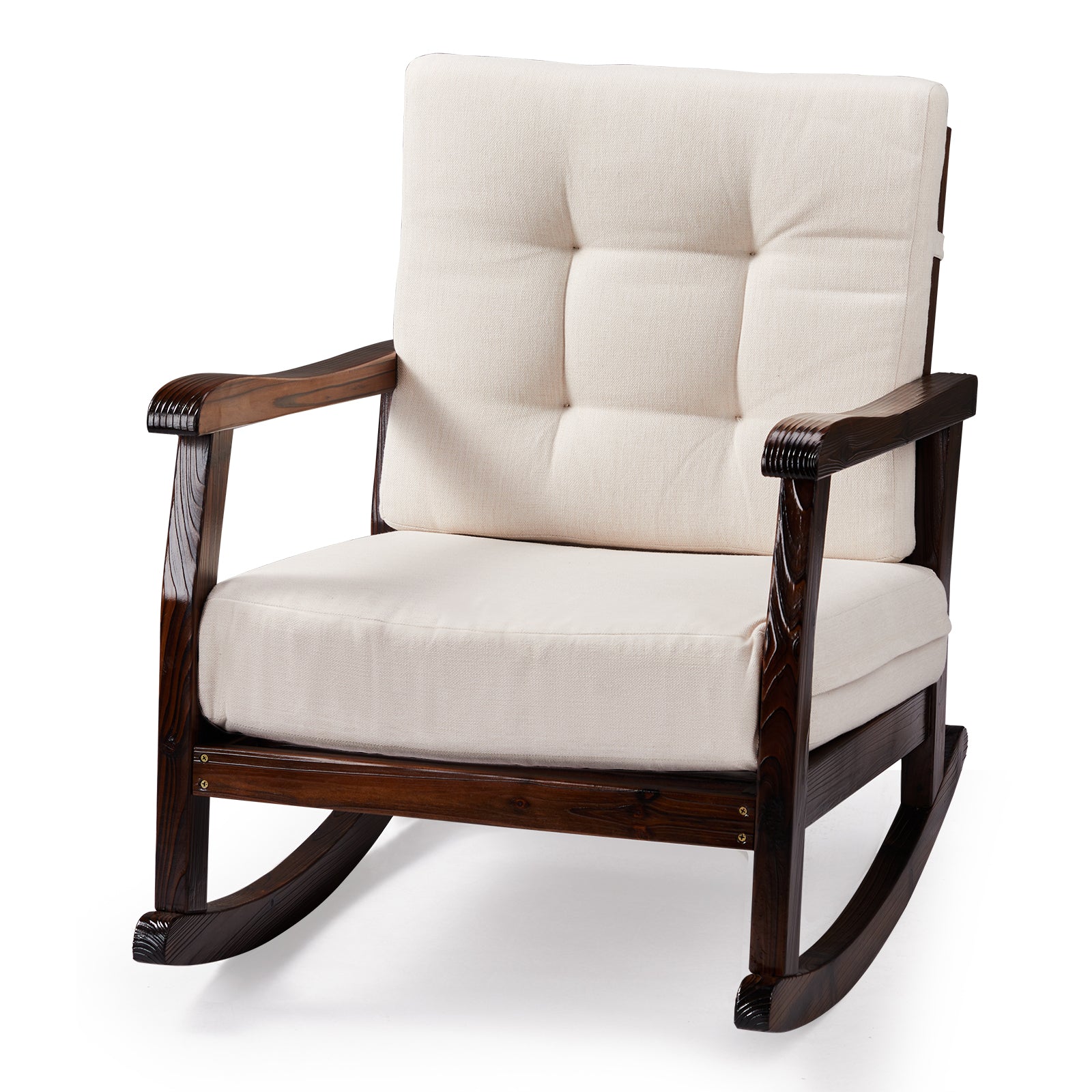 HAOYYE Outdoor Wood Rocking Chair with Detachable Washable Cushions, Inclined Backrest for Patio, Porch, Backyard, Balcony, or Poolside, Solid Fir Wood Construction, Comfortable and Durable Brown Rocker for Relaxation