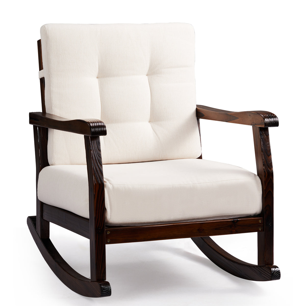 HAOYYE Outdoor Wood Rocking Chair with Detachable Washable Cushions, Inclined Backrest for Patio, Porch, Backyard, Balcony, or Poolside, Solid Fir Wood Construction, Comfortable and Durable Brown Rocker for Relaxation
