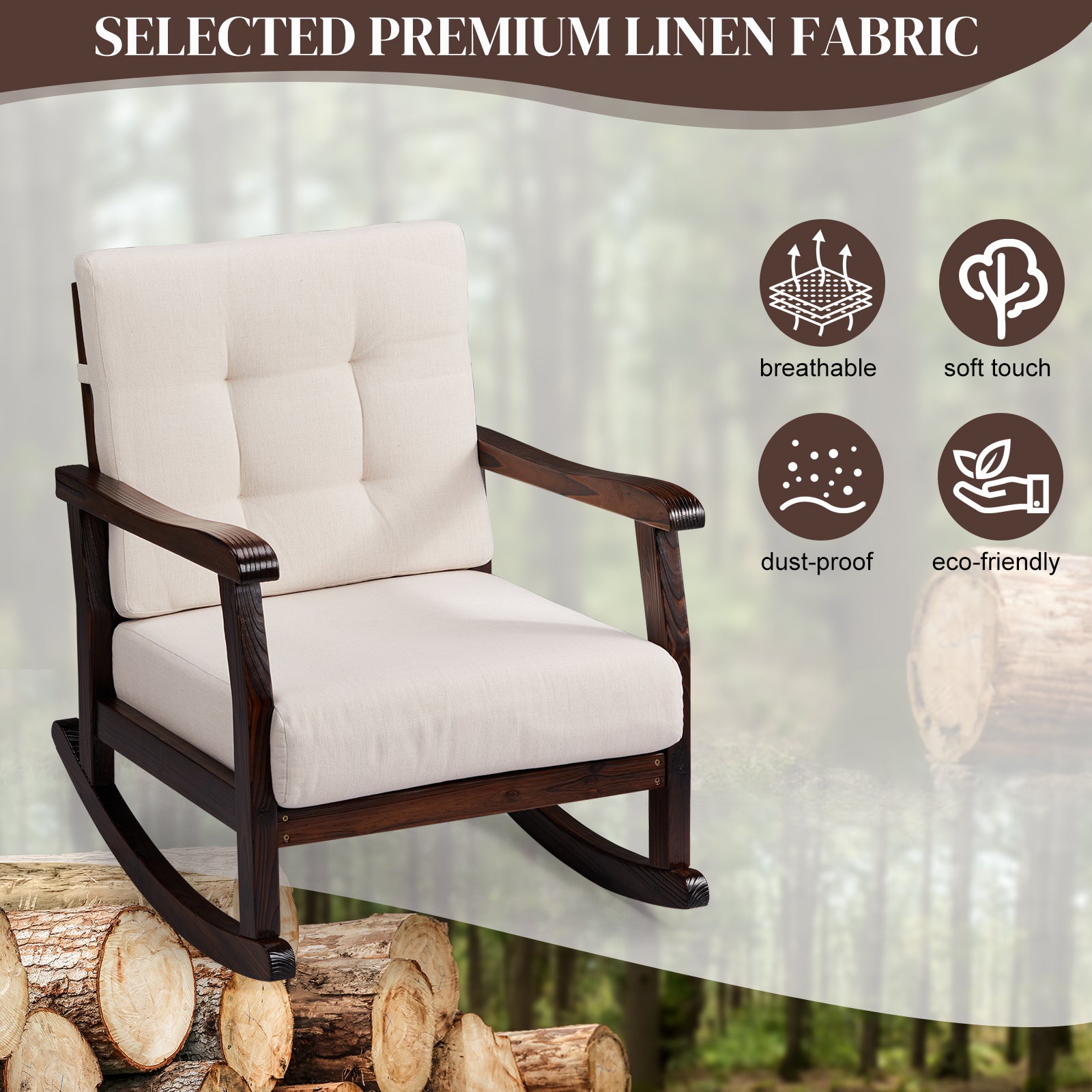 HAOYYE Outdoor Wood Rocking Chair with Detachable Washable Cushions, Inclined Backrest for Patio, Porch, Backyard, Balcony, or Poolside, Solid Fir Wood Construction, Comfortable and Durable Brown Rocker for Relaxation